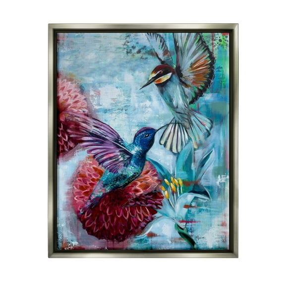 Stupell Industries Hummingbirds & Dahlias Animals & Insects Painting Gray Floater Framed Canvas Art Print Wall Art, 25 x 31