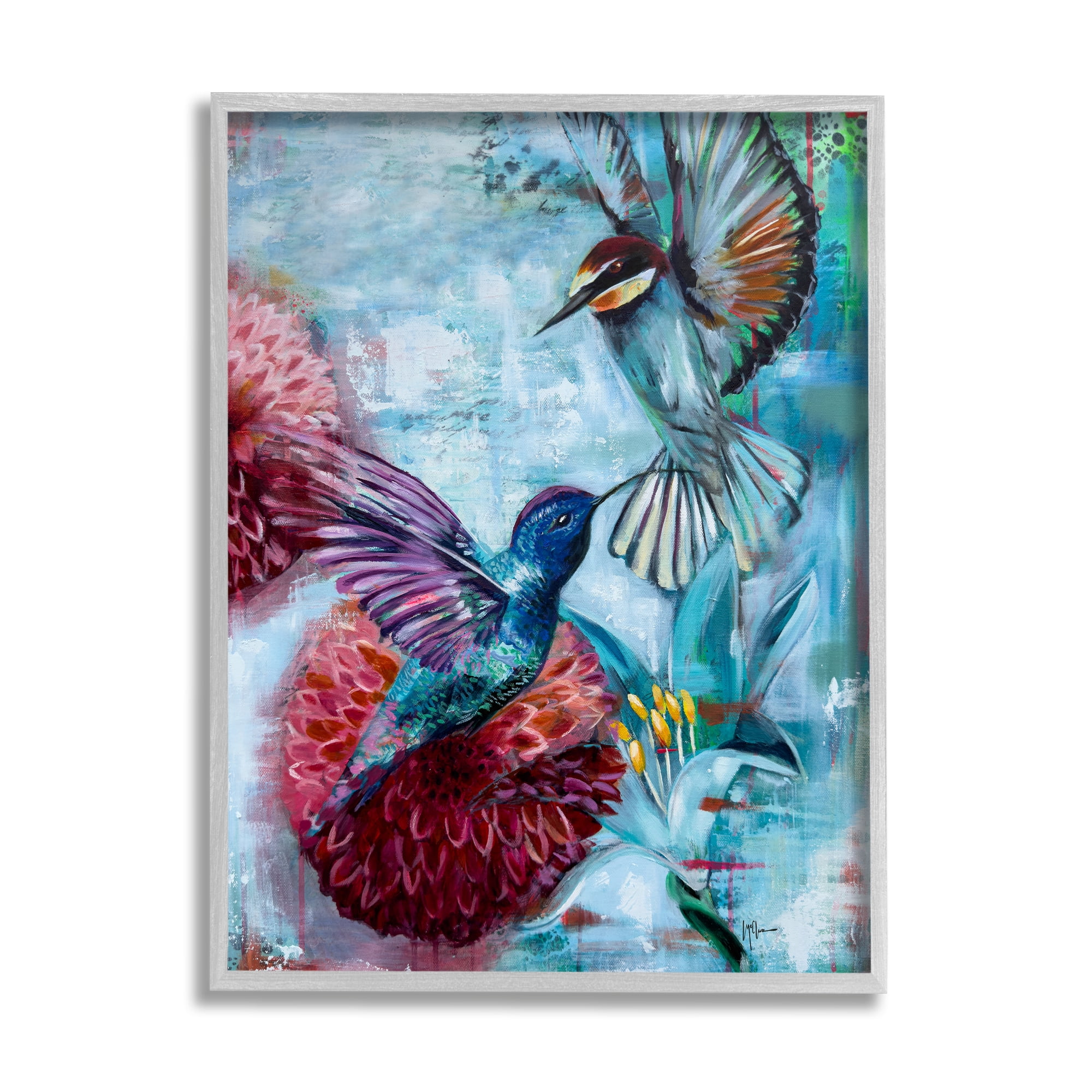 Stupell Industries Hummingbirds & Dahlias Animals & Insects Painting Gray Framed Art Print Wall Art, 16 x 20