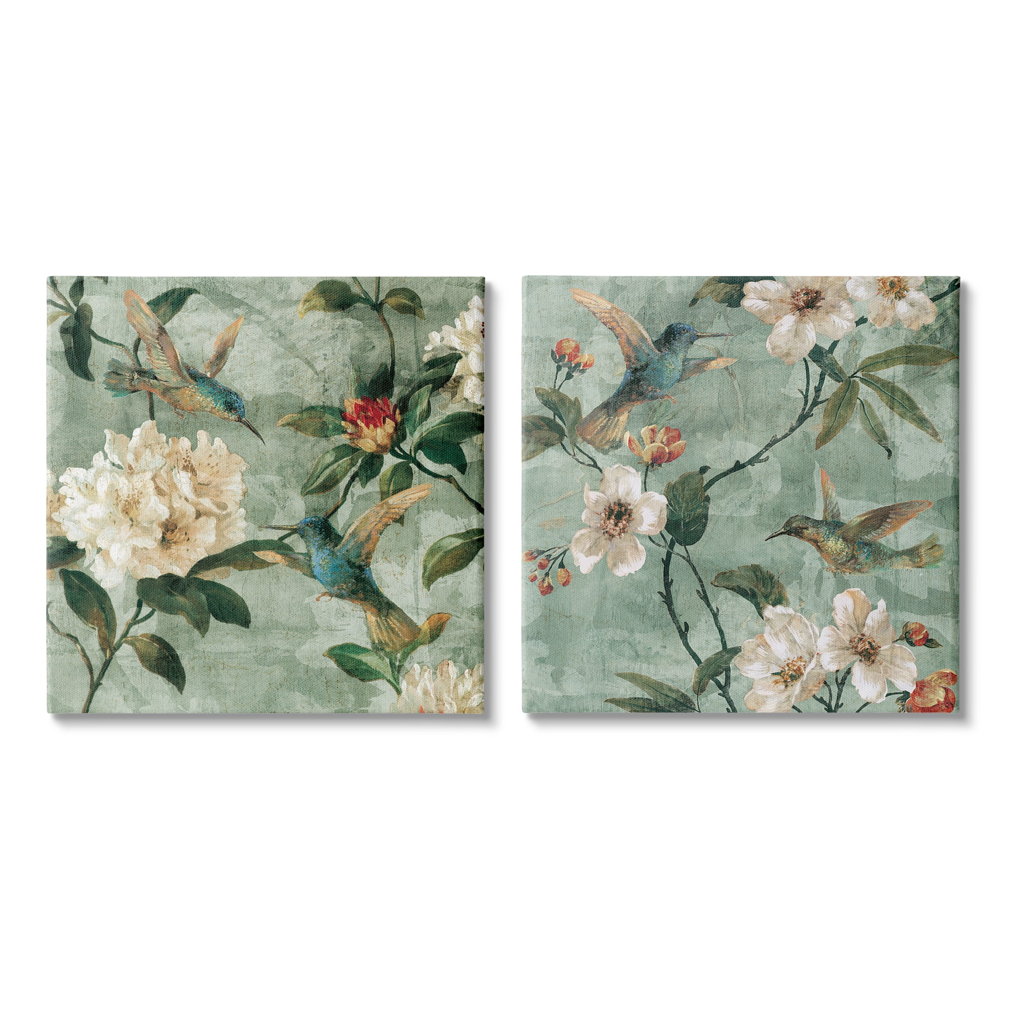 Stupell Industries Hummingbirds & Florals Botanical & Floral Painting Gallery Wrapped Canvas Art Print Wall Art, 24 x 24, Set of 2