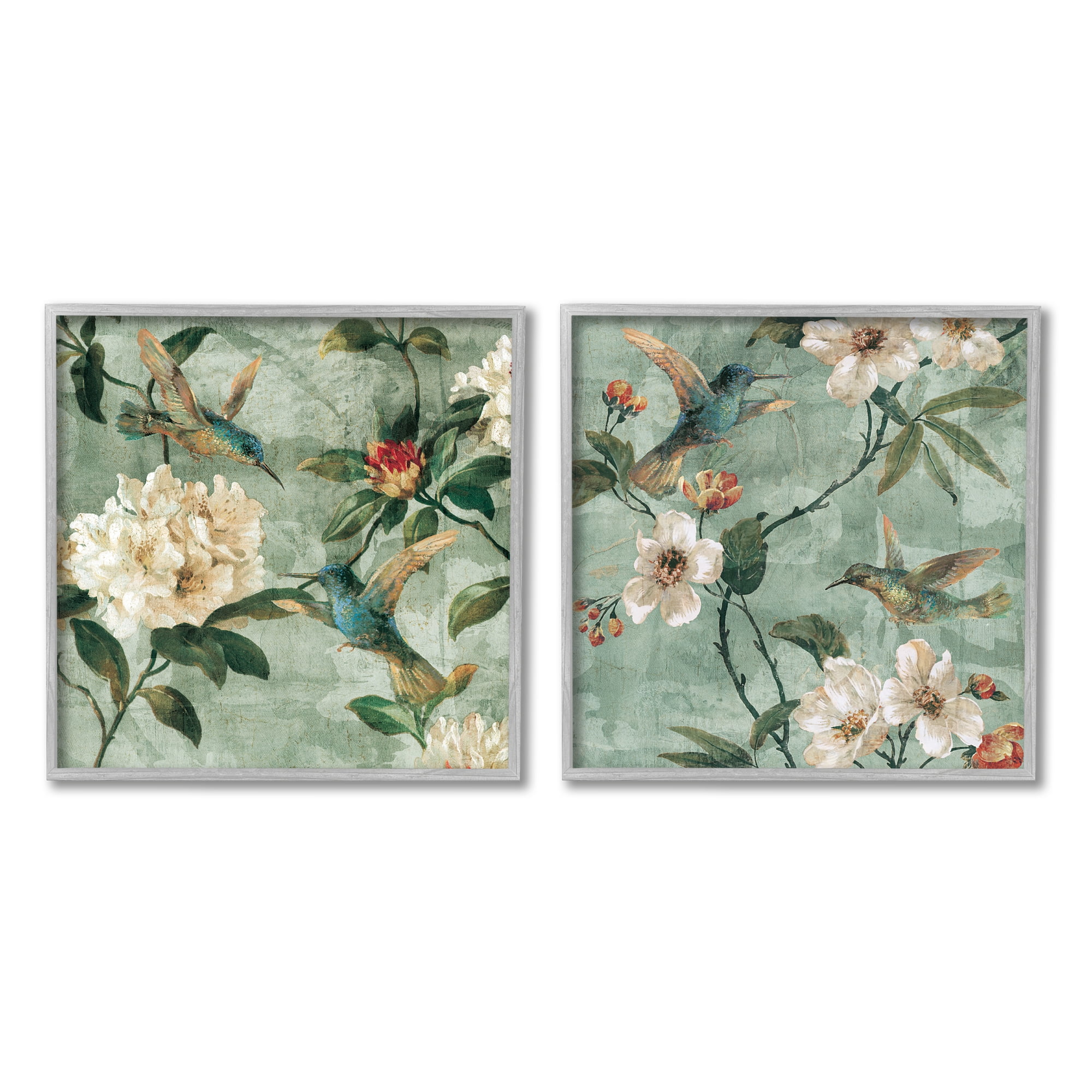 Stupell Industries Hummingbirds & Florals Botanical & Floral Painting Gray Framed Art Print Wall Art, 12 x 12