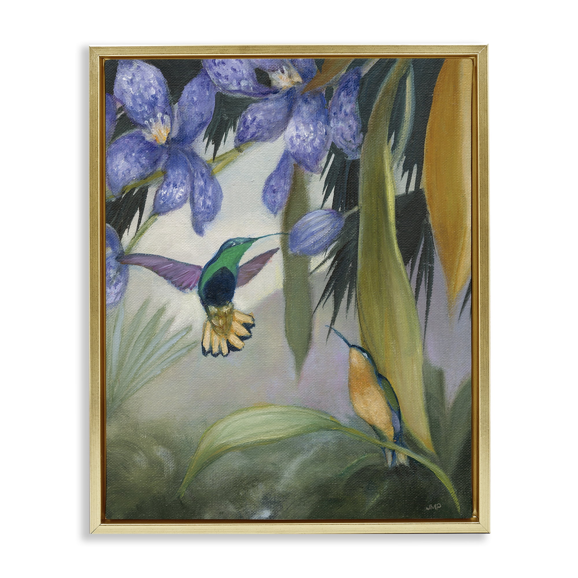 Stupell Industries Hummingbirds in Nature Landscape Painting Gold Floater Framed Canvas Art Print Wall Art, 25 x 31