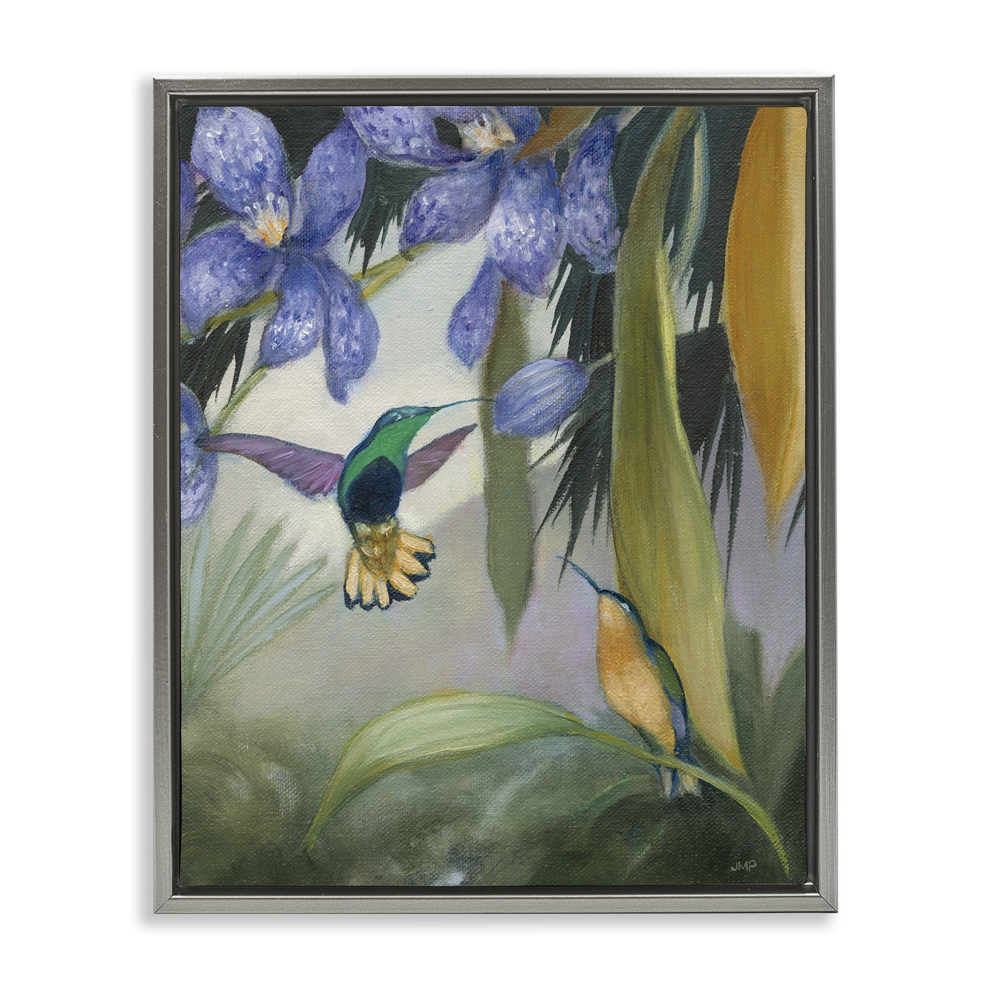 Stupell Industries Hummingbirds in Nature Landscape Painting Gray Floater Framed Canvas Art Print Wall Art, 25 x 31
