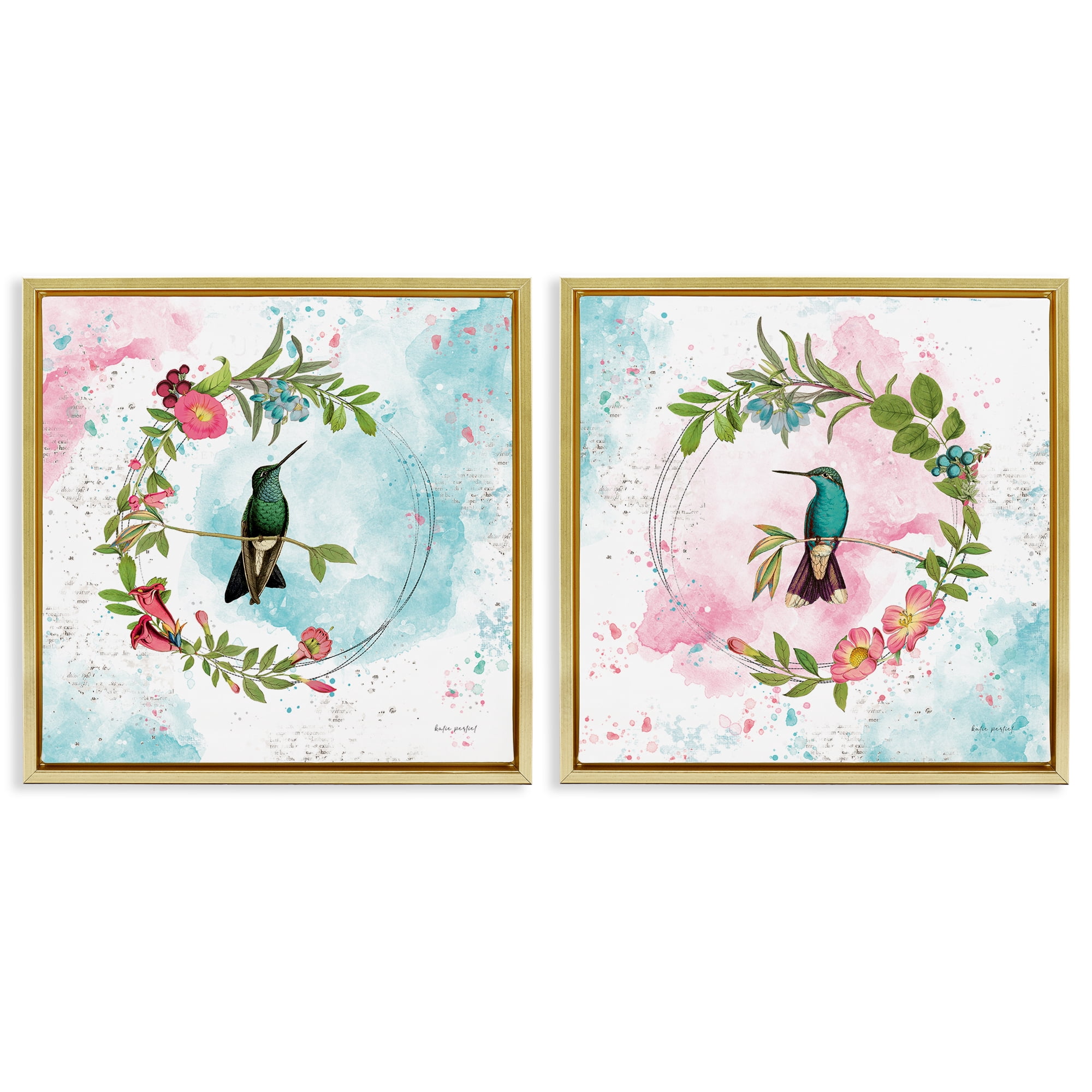 Stupell Industries Hummingbirds in Wreaths Animals Painting Gold Floater Framed Canvas Art Print Wall Art, 18 x 18, Set of 2