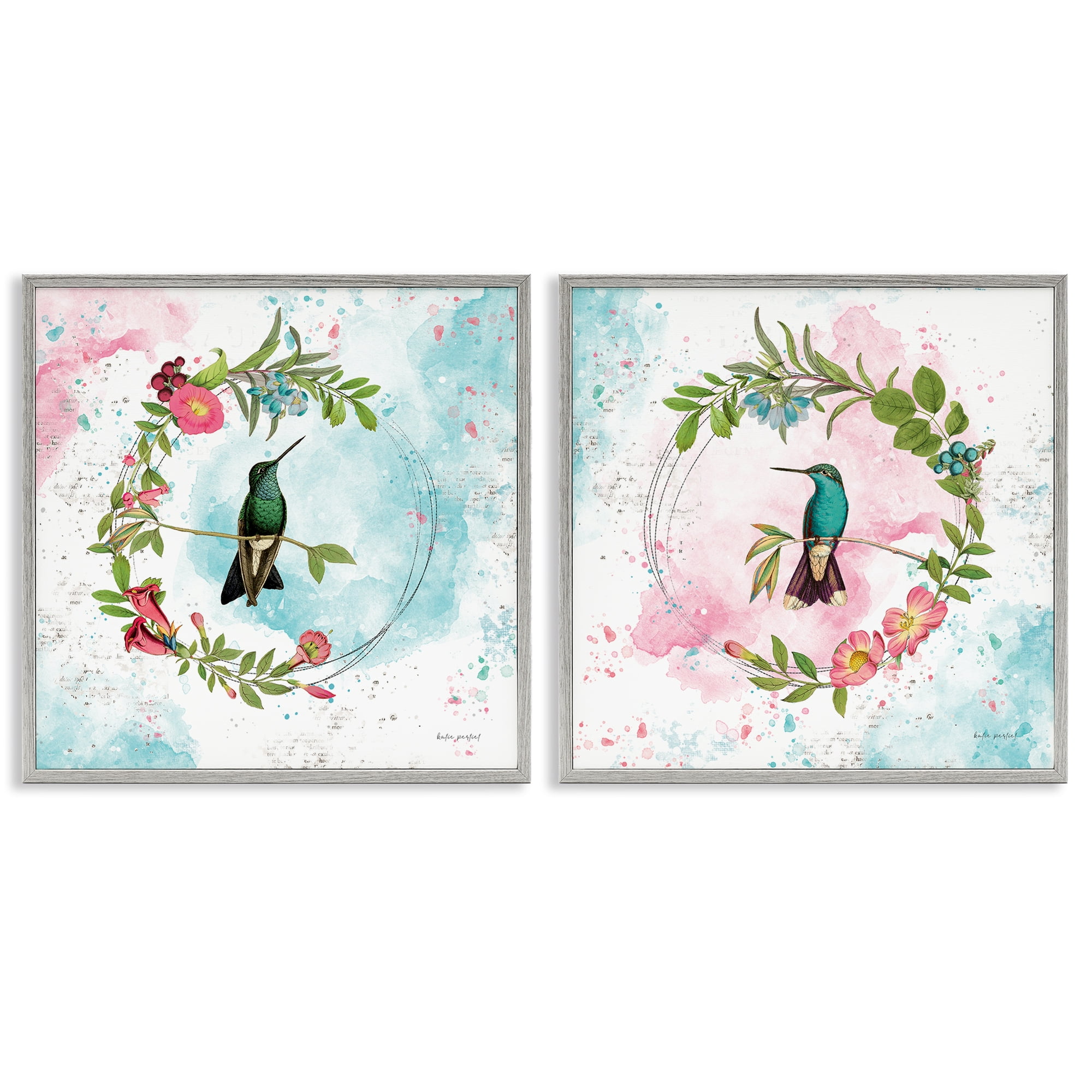 Stupell Industries Hummingbirds in Wreaths Animals Painting Gray Framed Art Print Wall Art, 17 x 17, Set of 2