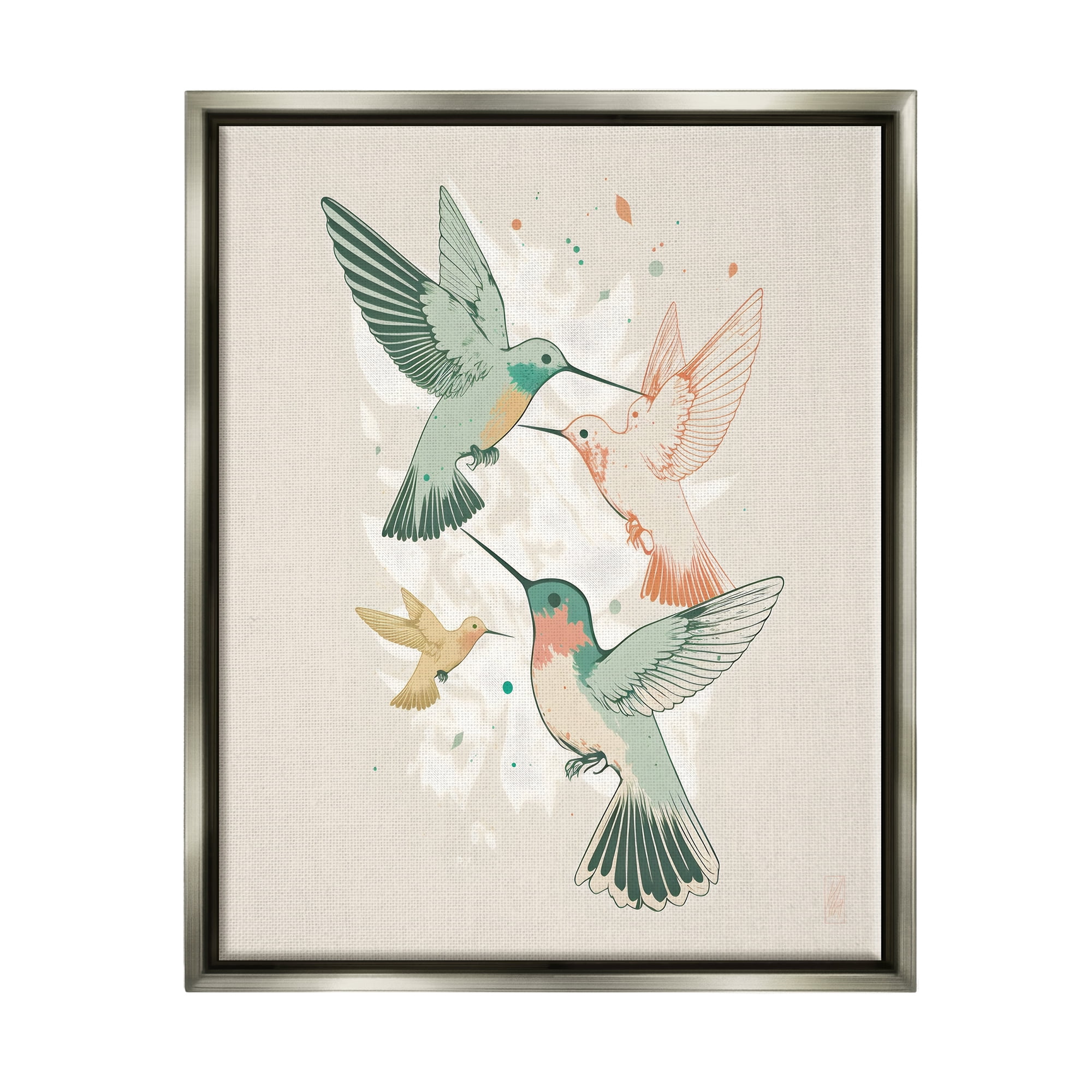 Stupell Industries Hummingbirds on Beige Animals & Insects Painting Gray Floater Framed Canvas Art Print Wall Art, 25 x 31