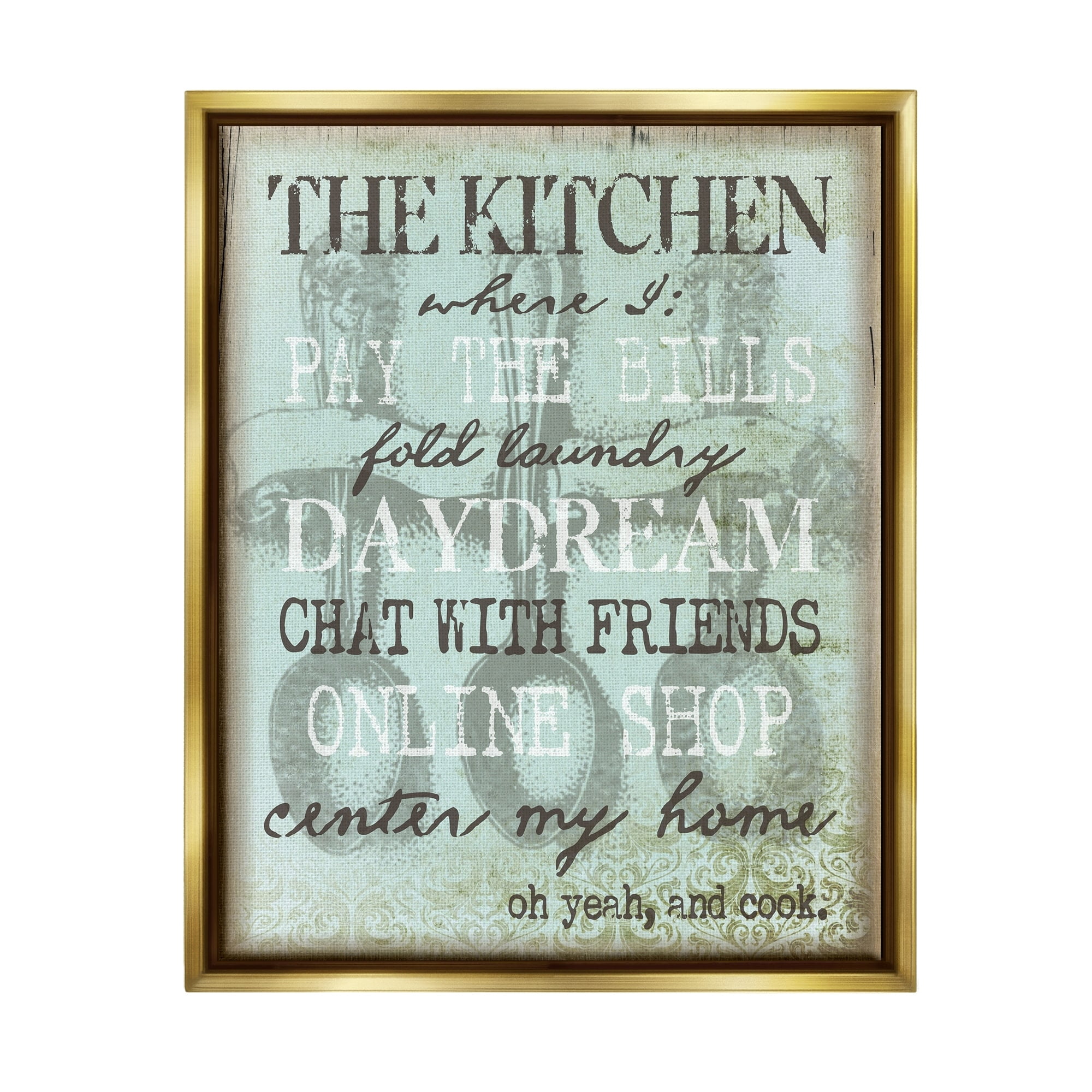 Stupell Industries Humorous Kitchen List Sign Vintage Weathered Style Graphic Art Metallic Gold Floating Framed Canvas Print Wall Art, Design by Graffitee Studios