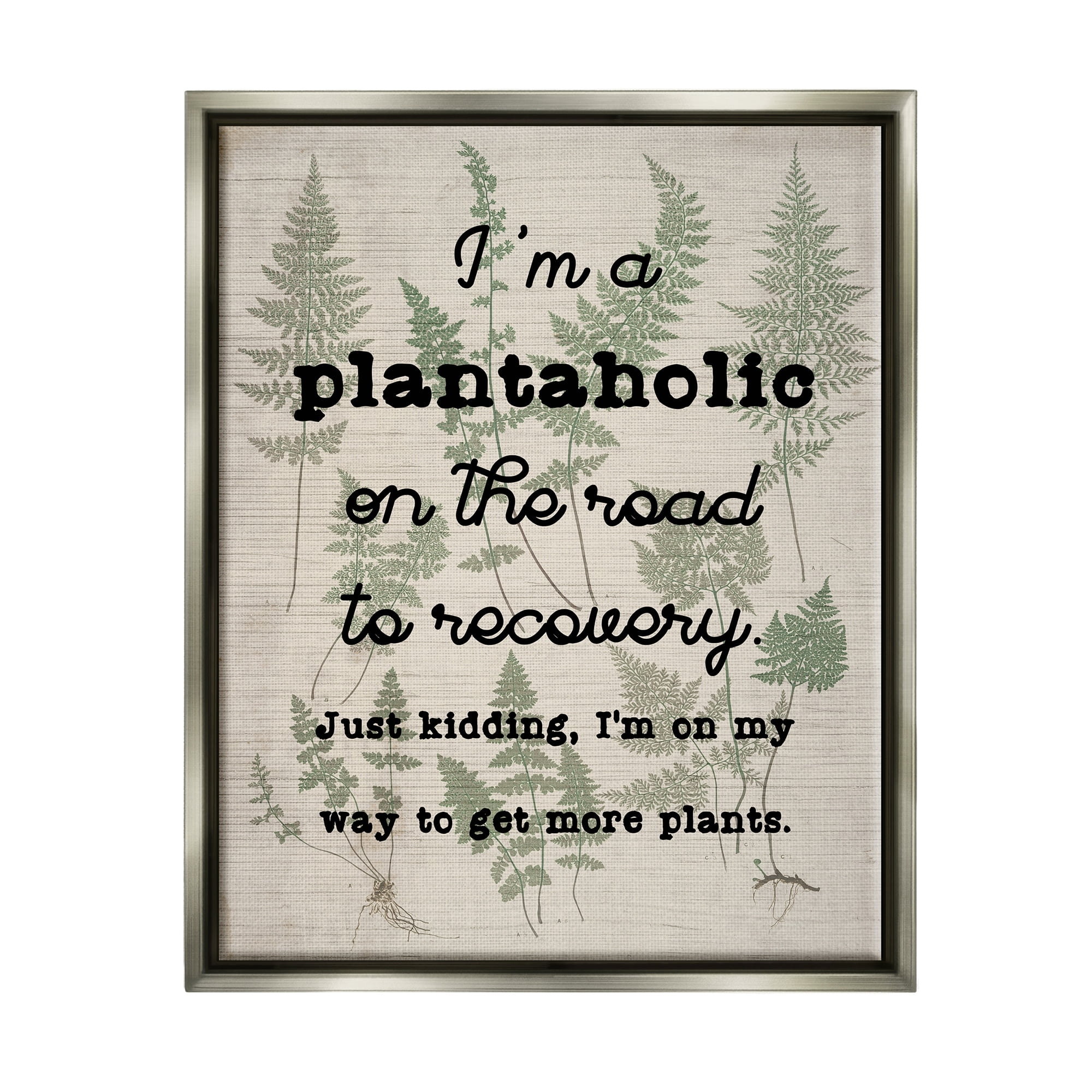 Stupell Industries Humorous Plantaholic Gardening Phrase Fern Plant Pattern Graphic Art Luster Gray Floating Framed Canvas Print Wall Art, Design by Daphne Polselli