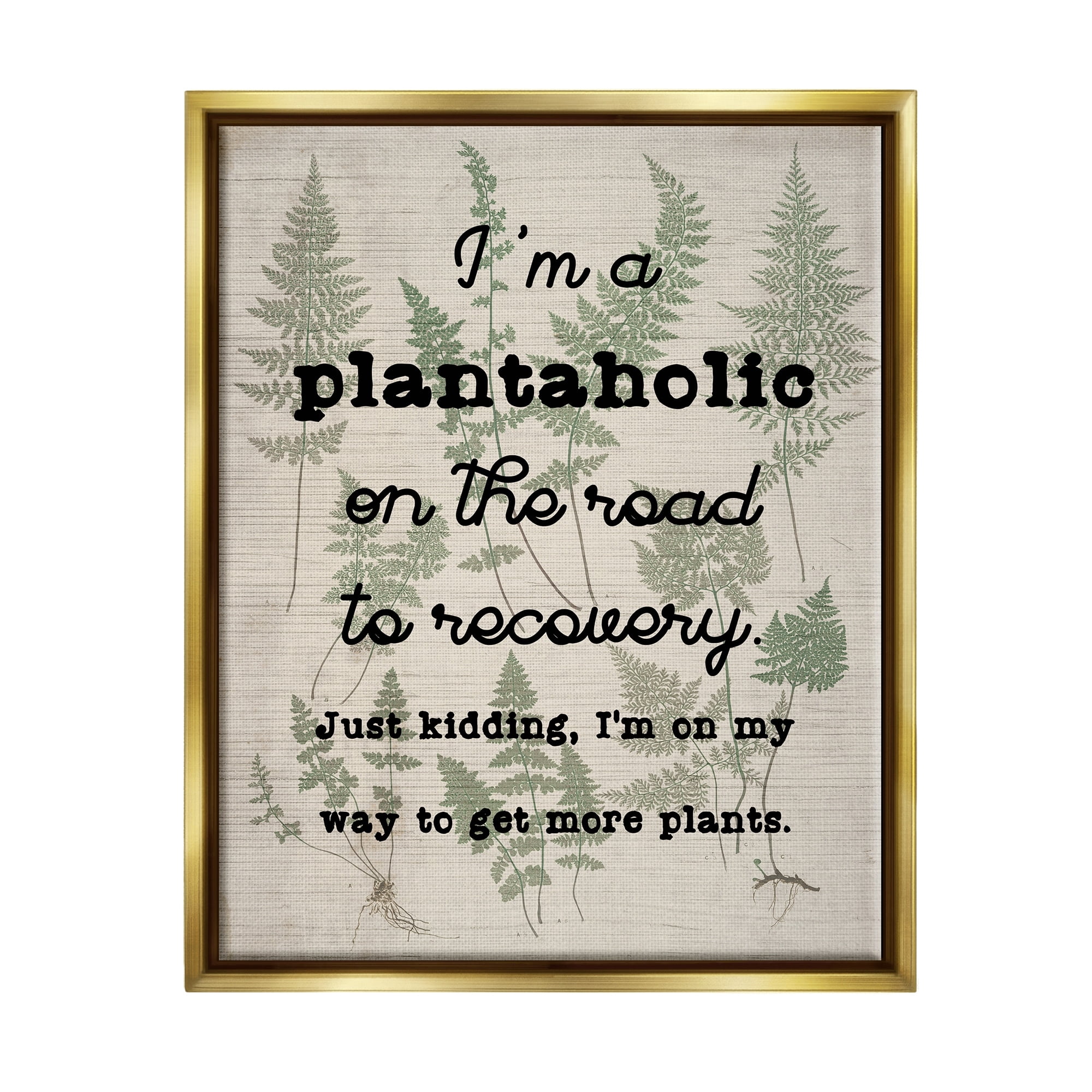 Stupell Industries Humorous Plantaholic Gardening Phrase Fern Plant Pattern Graphic Art Metallic Gold Floating Framed Canvas Print Wall Art, Design by Daphne Polselli