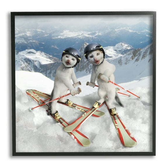 Stupell Industries Humorous White Cats Skiing Gear Snowcapped Mountains Graphic Art Black Framed Art Print Wall Art, Design by Chiara