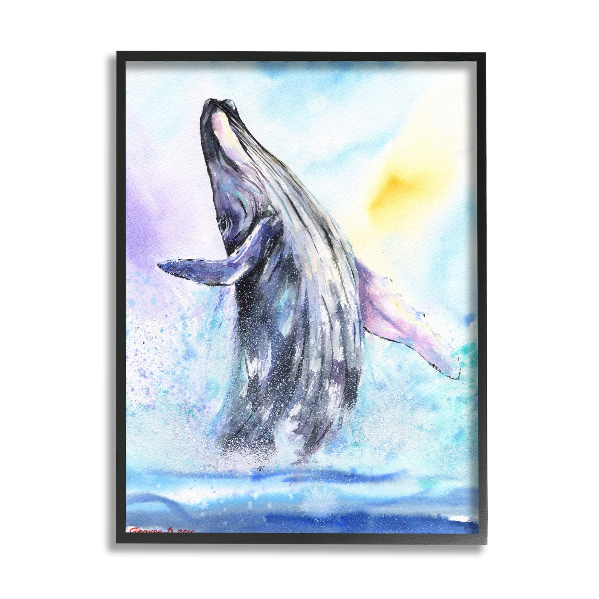 Stupell Industries Humpback Whale Ocean Jump Blue Water Black Framed, 24 x 30, Design by George Dyachenko
