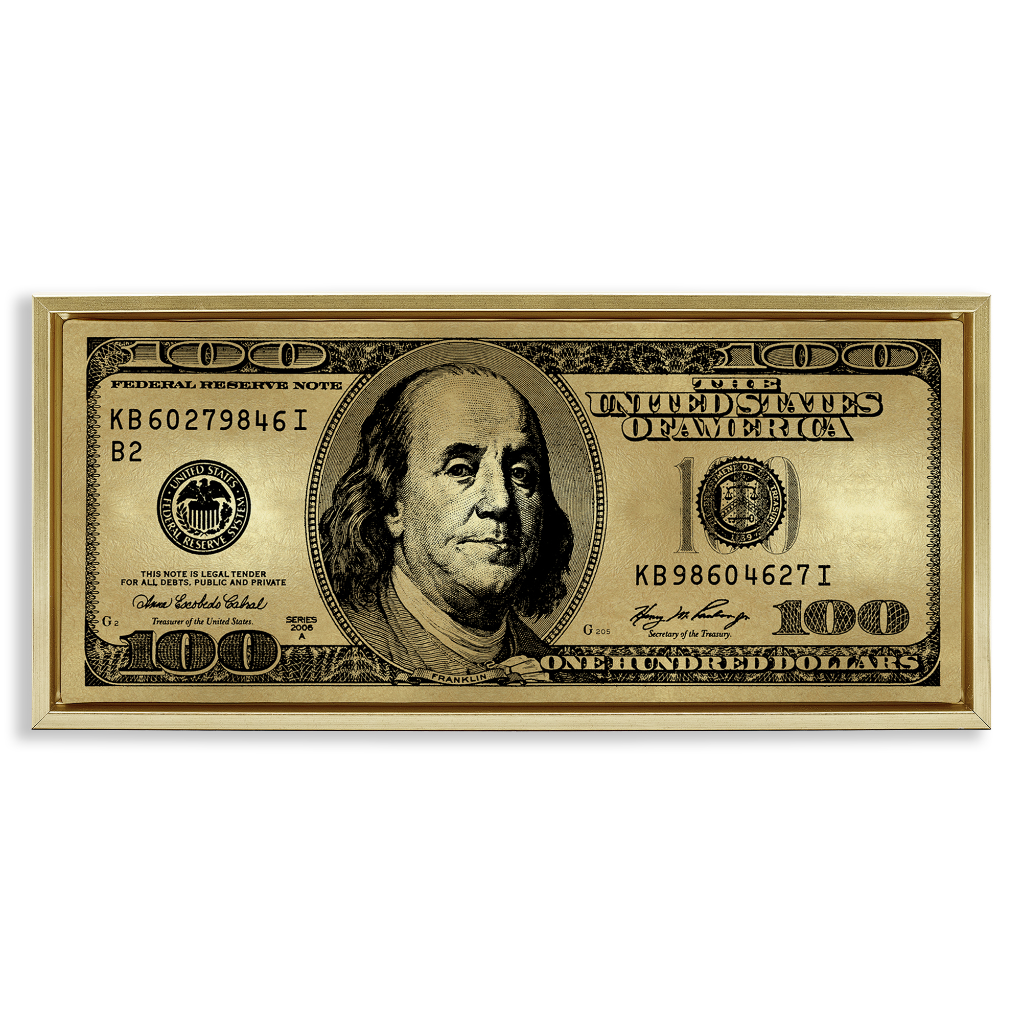 Stupell Industries Hundred Dollar Bill Novelty & Humor Painting Gold Floater Framed Canvas Art Print Wall Art, 31 x 14