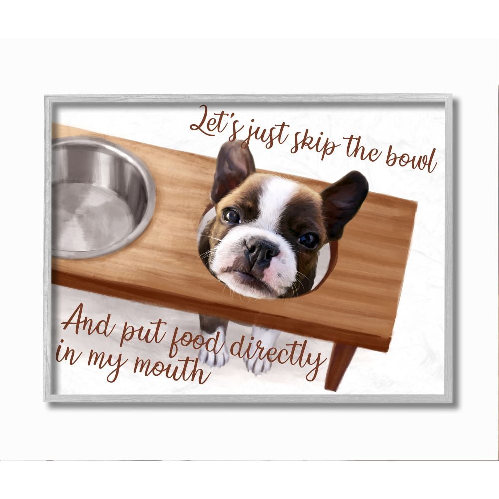 Stupell Industries Hungry French Bulldog Quote Family Pet Dinner Time Framed Wall Art Design by Ziwei Li, 16" x 20", Gray Framed