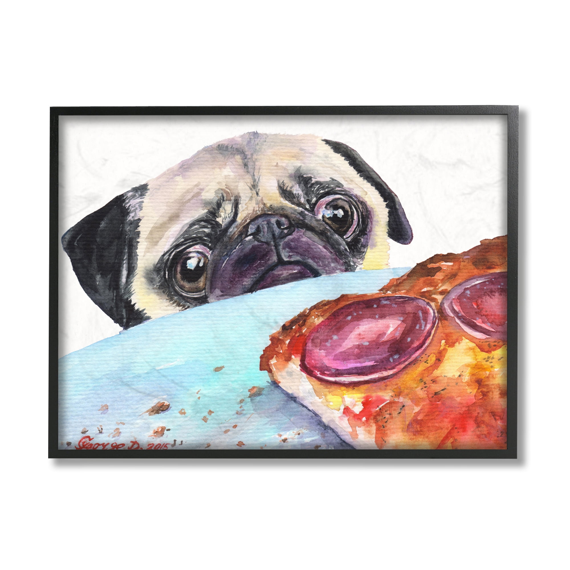 Stupell Industries Hungry Pug and Pizza Humorous Pet Dog Portrait Black Framed, 24 x 30, Design by George Dyachenko