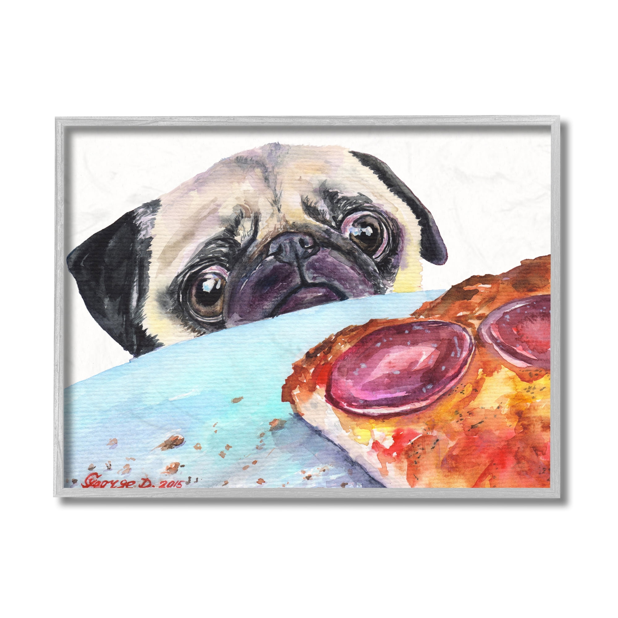 Stupell Industries Hungry Pug and Pizza Humorous Pet Dog Portrait Grey Framed, 16 x 20, Design by George Dyachenko