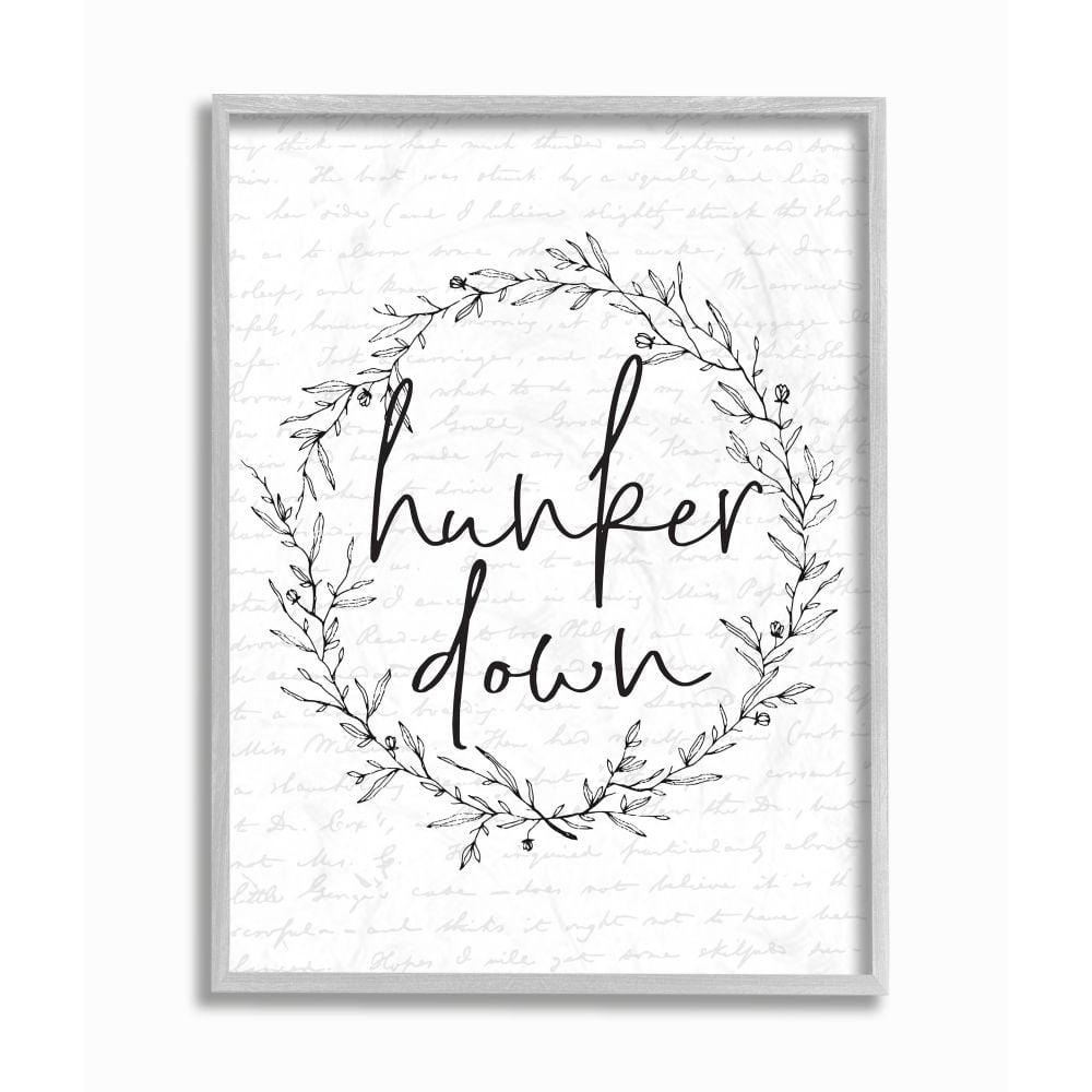 Stupell Industries Hunker Down Phrase Spring Wreath Design Black White Framed Wall Art Design by Lettered and Lined, 11" x 14", Gray Framed