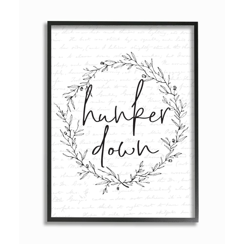 Stupell Industries Hunker Down Phrase Spring Wreath Design Black White Framed Wall Art Design by Lettered and Lined, 24" x 30", Black Framed