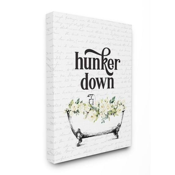 Stupell Industries Hunker Down Quote Floral Bathroom Tub Relaxation Canvas Wall Art Design by Lettered and Lined, 24" x 30"