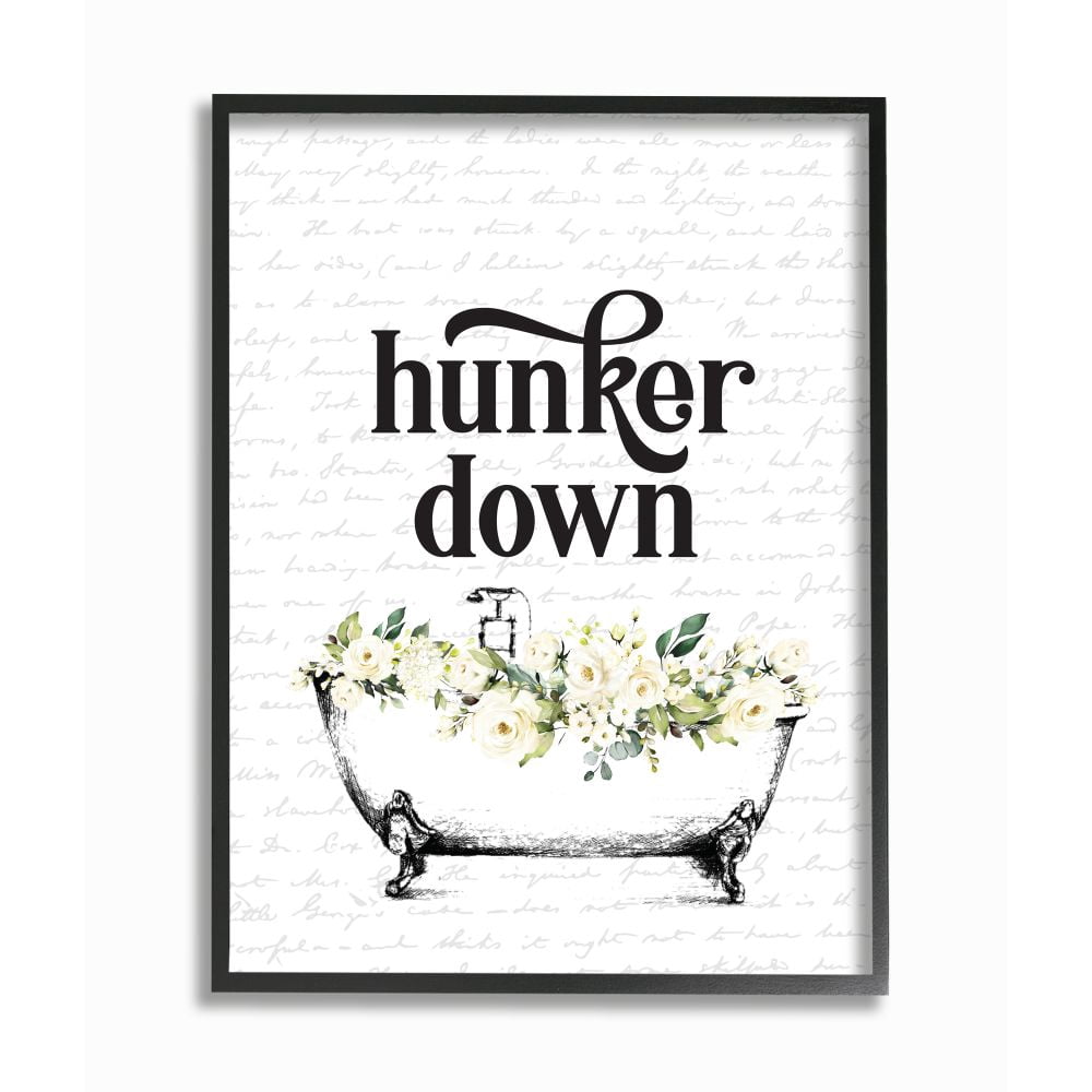 Stupell Industries Hunker Down Quote Floral Bathroom Tub Relaxation Framed Wall Art Design by Lettered and Lined, 16" x 20", Black Framed