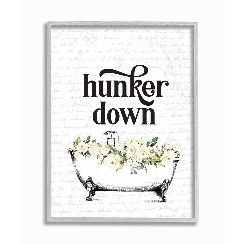 Stupell Industries Hunker Down Quote Floral Bathroom Tub Relaxation Framed Wall Art Design by Lettered and Lined, 16" x 20", Gray Framed