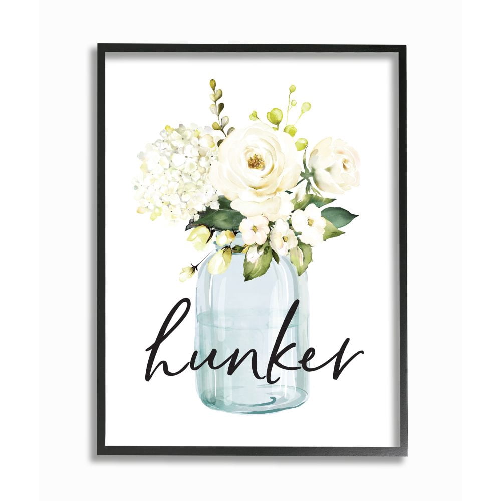 Stupell Industries Hunker Text Spring Floral Bouquet Blue White Framed Wall Art Design by Lettered and Lined, 16" x 20", Black Framed