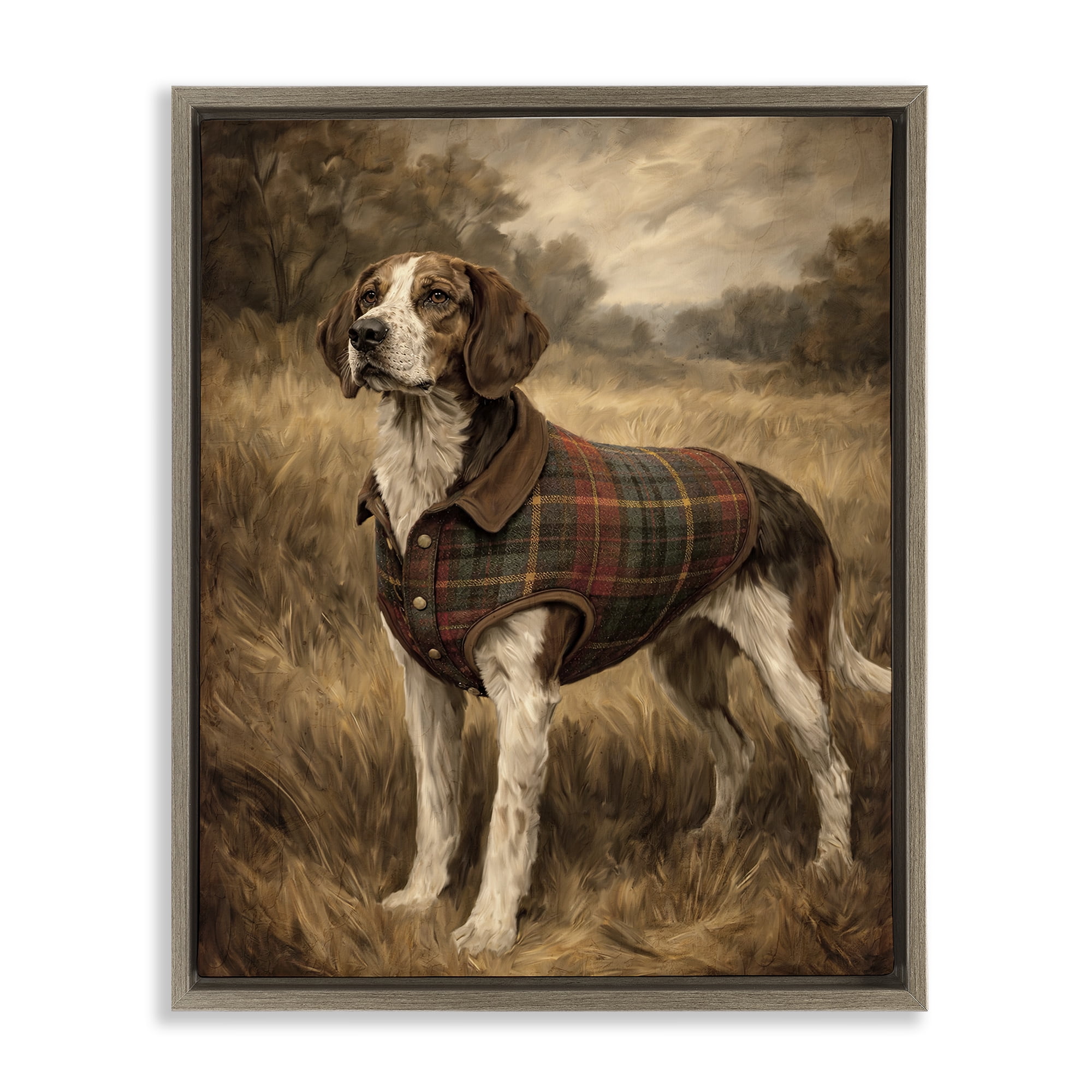Stupell Industries Hunting Days Plaid Jacket Hound Brown Framed Floater Canvas Wall Art, design by Kim Allen