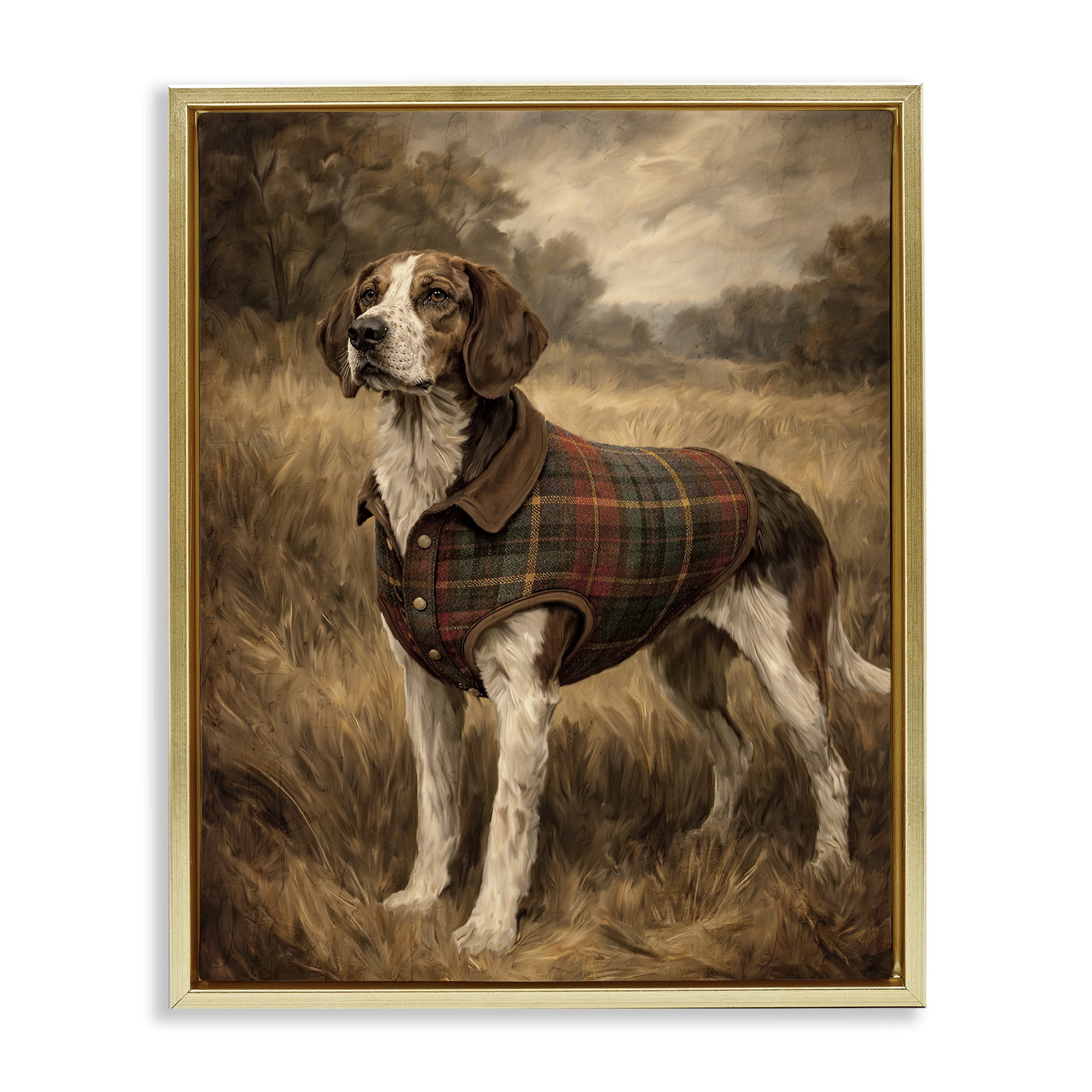 Stupell Industries Hunting Days Plaid Jacket Hound Gold Framed Floater Canvas Wall Art, design by Kim Allen