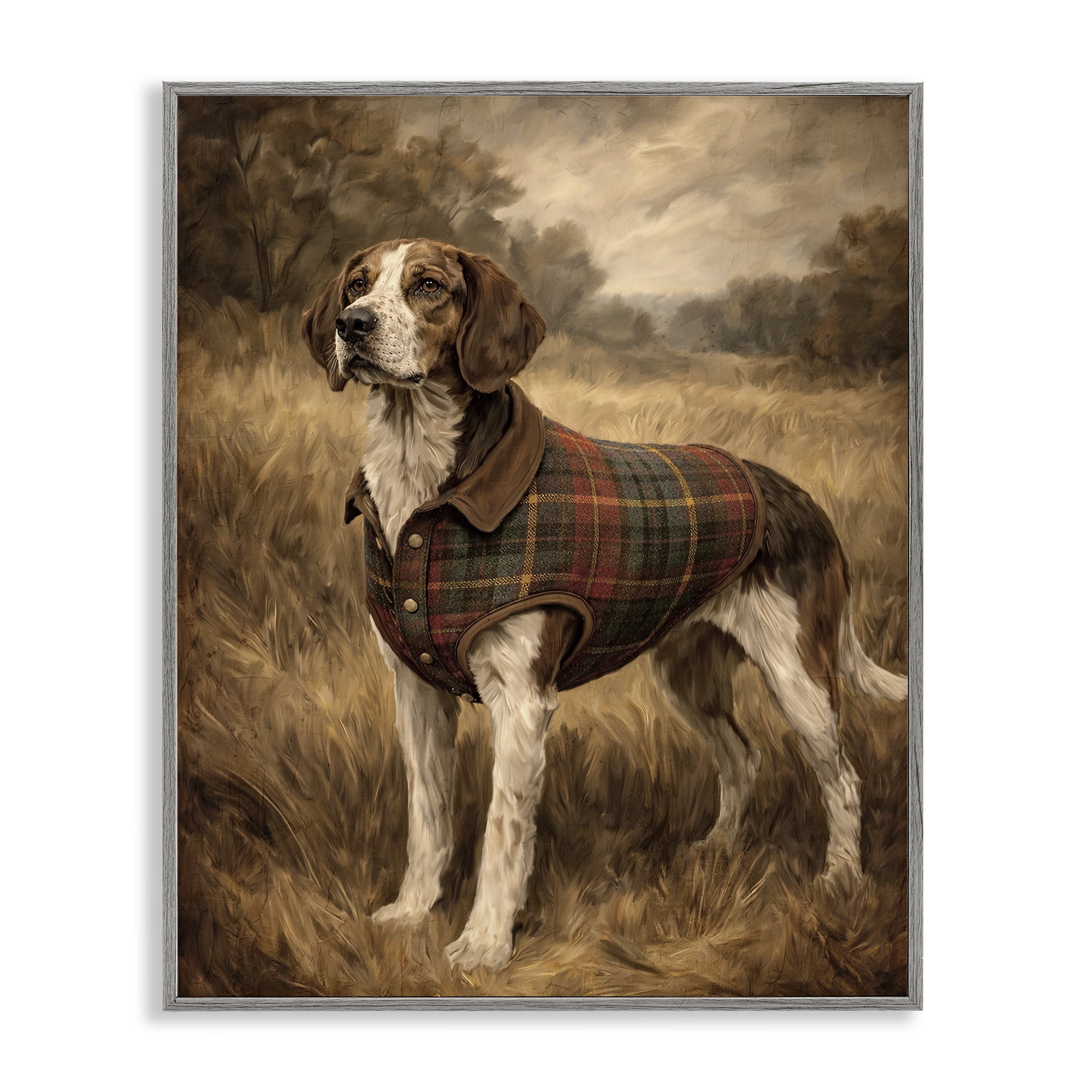 Stupell Industries Hunting Days Plaid Jacket Hound Gray Framed Giclee Art, design by Kim Allen