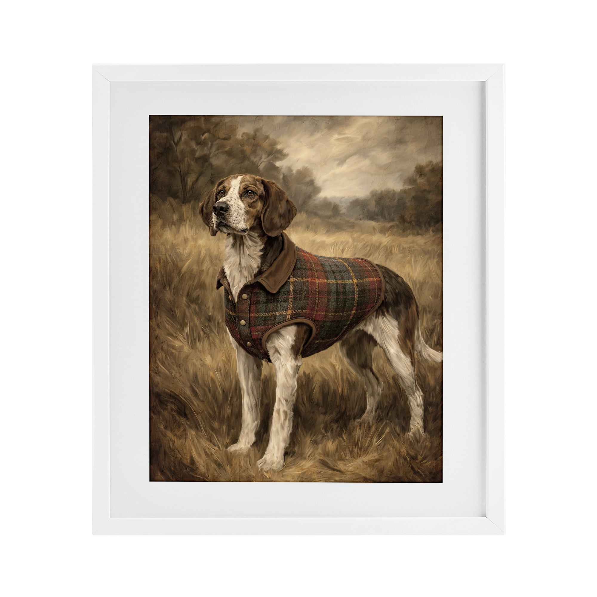 Stupell Industries Hunting Days Plaid Jacket Hound White Framed Print Under Glass, design by Kim Allen