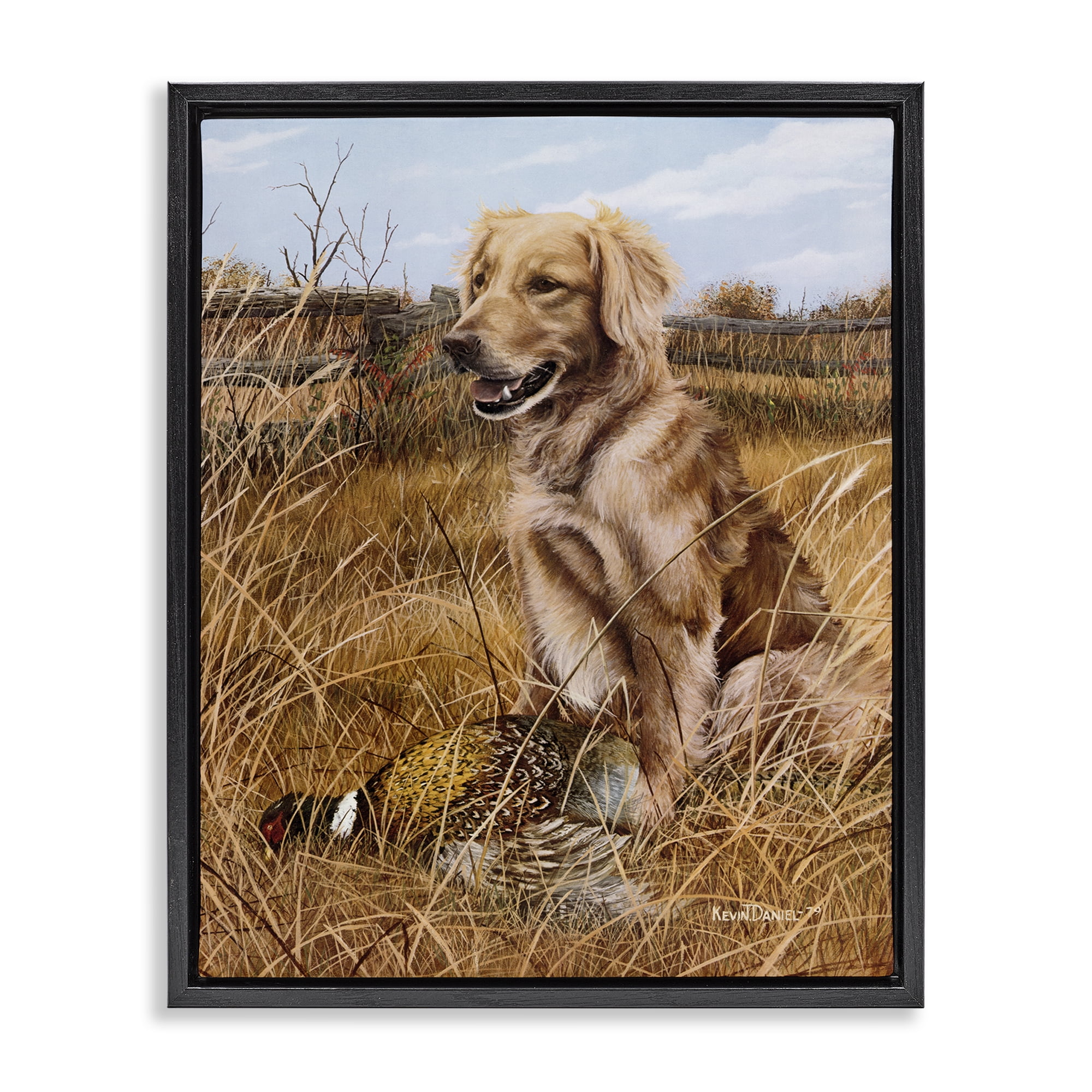 Stupell Industries Hunting Dog & Pheasant Animals Painting Black Floater Framed Canvas Art Print Wall Art, 25 x 31