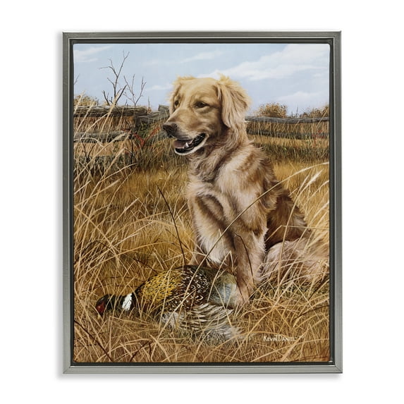 Stupell Industries Hunting Dog & Pheasant Animals Painting Gray Floater Framed Canvas Art Print Wall Art, 25 x 31