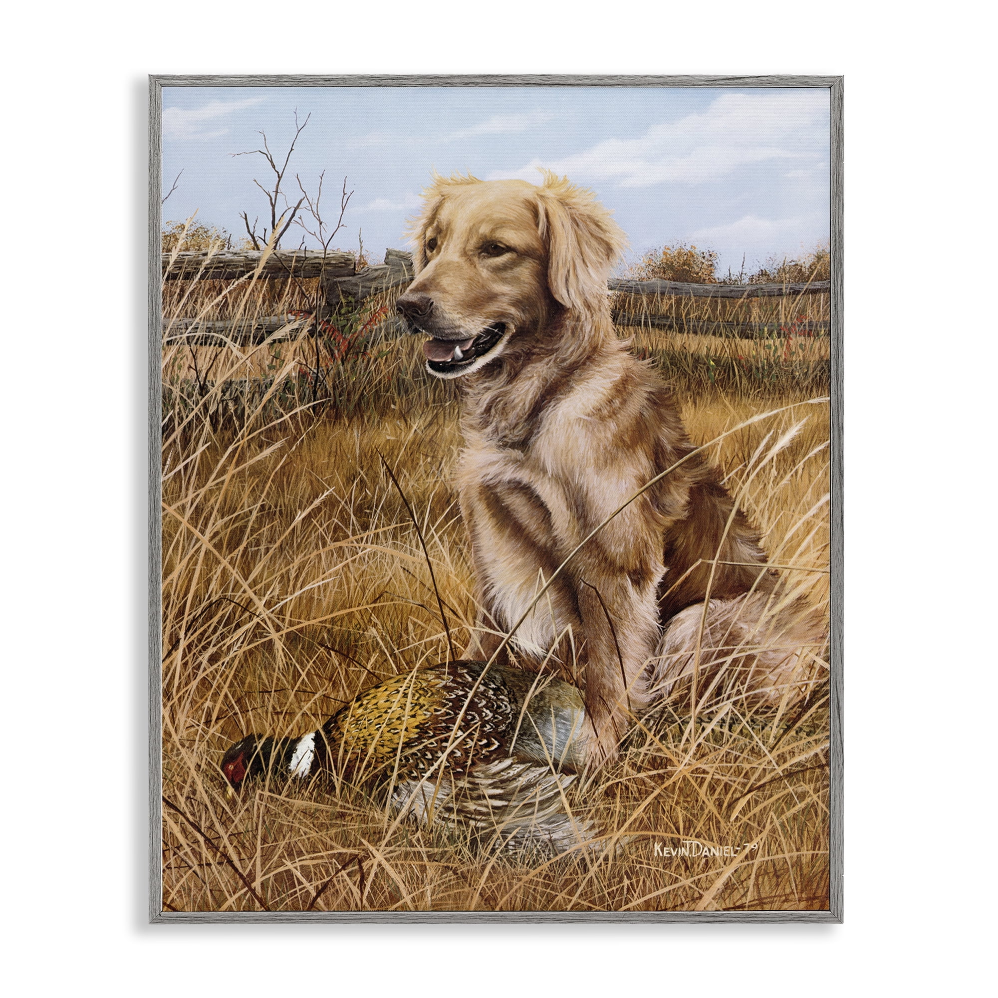 Stupell Industries Hunting Dog & Pheasant Animals Painting Gray Framed Art Print Wall Art, 11 x 14
