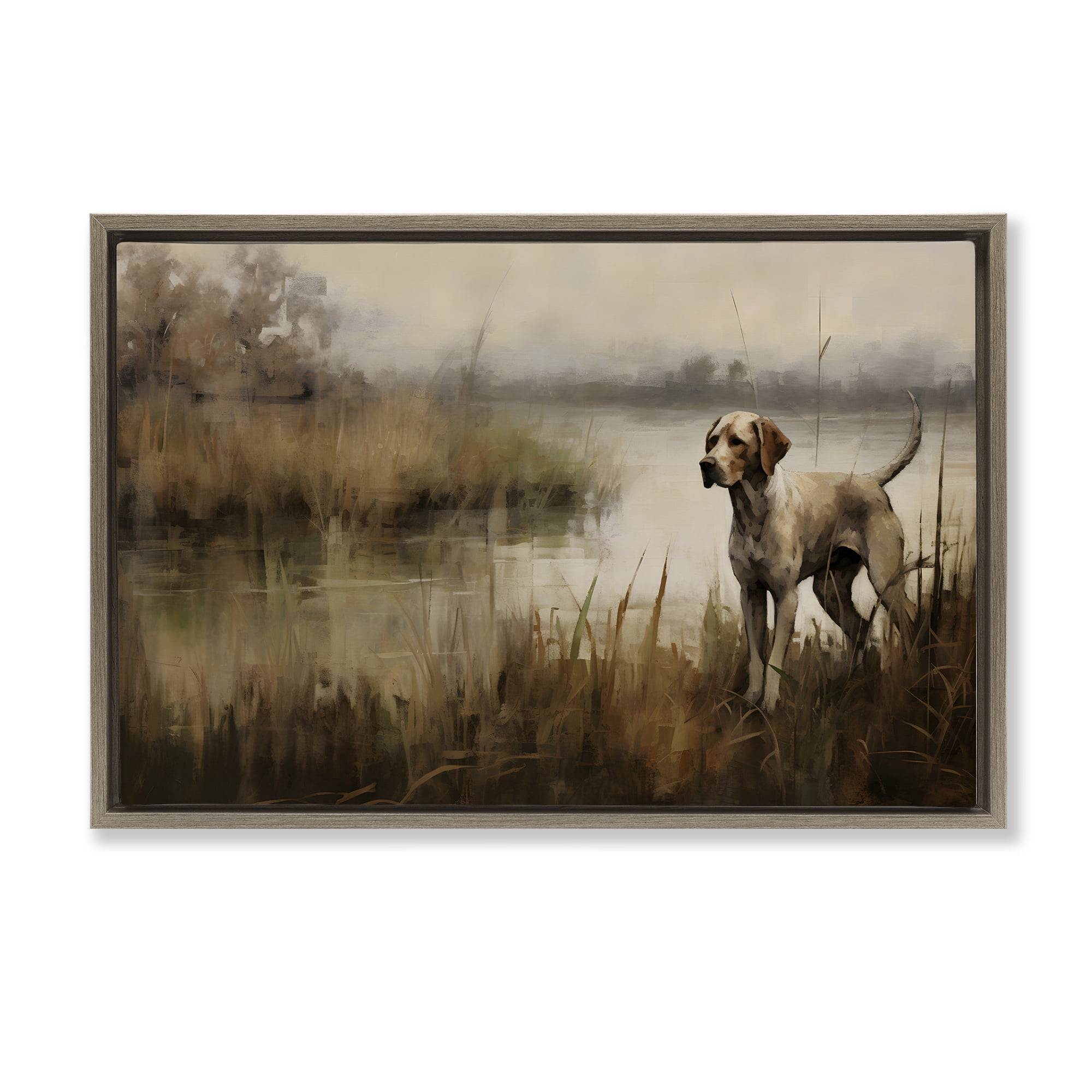 Stupell Industries Hunting Dog in Nature Landscape Painting Brown Floater Framed Canvas Art Print Wall Art, 25 x 17