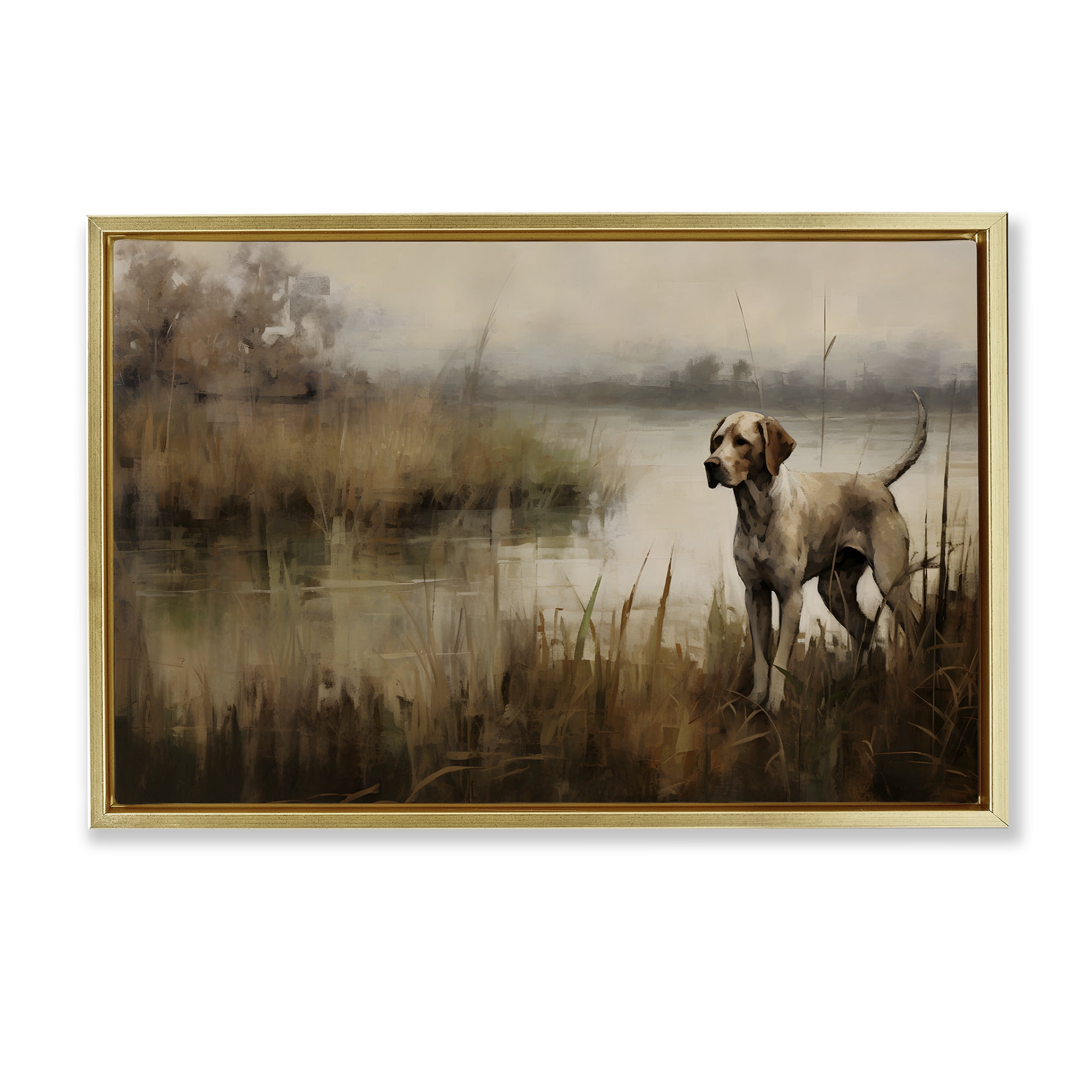 Stupell Industries Hunting Dog in Nature Landscape Painting Gold Floater Framed Canvas Art Print Wall Art, 25 x 17