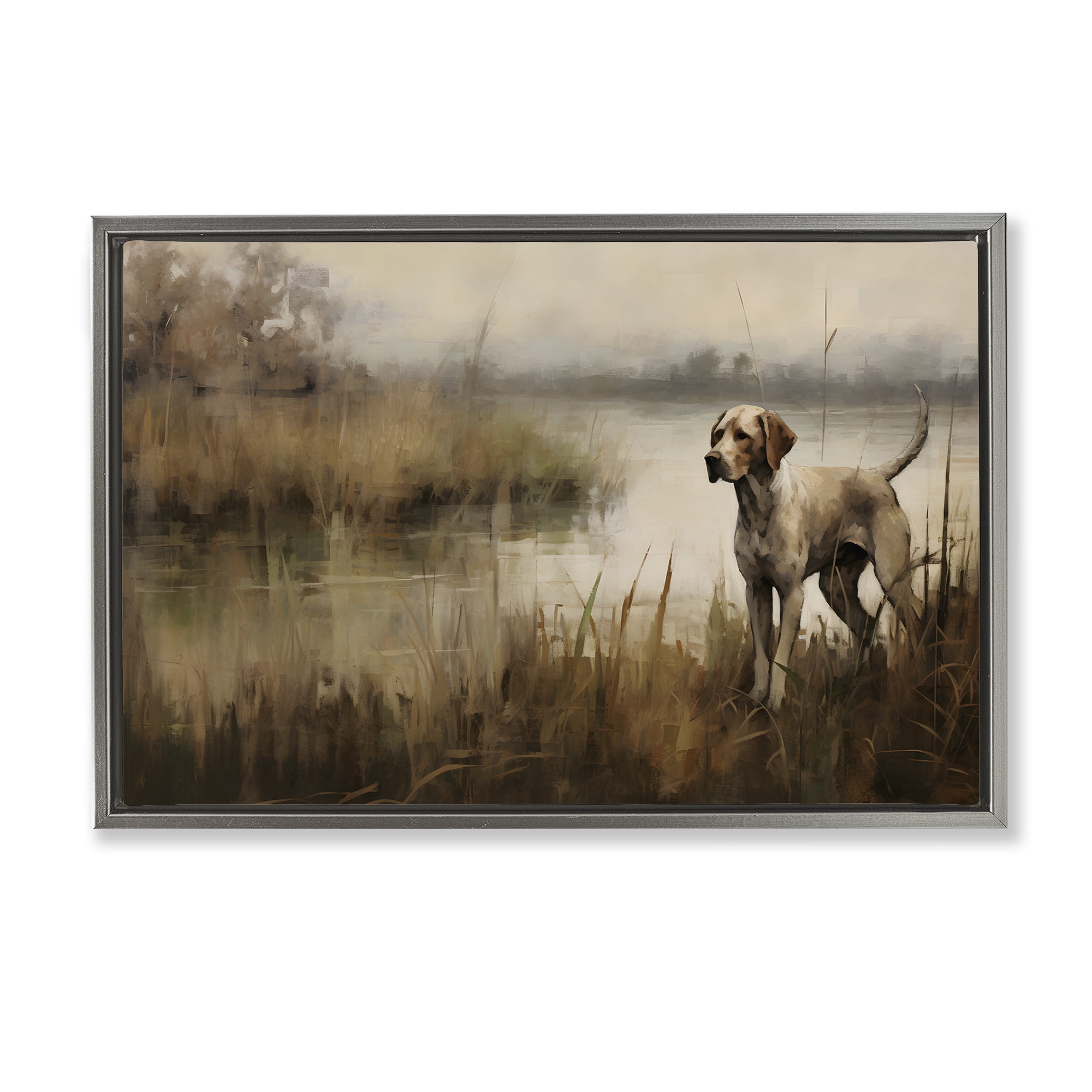 Stupell Industries Hunting Dog in Nature Landscape Painting Gray Floater Framed Canvas Art Print Wall Art, 25 x 17