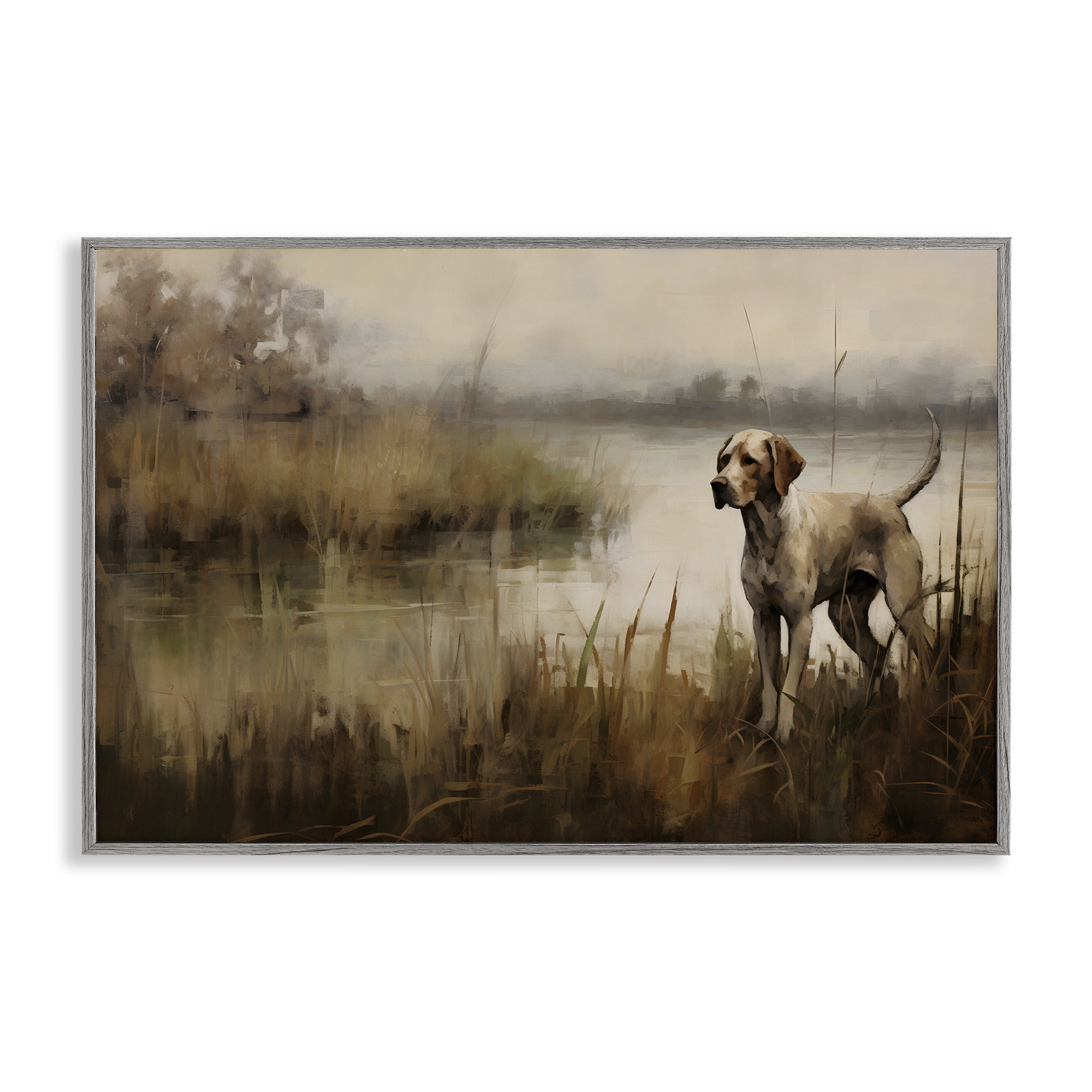 Stupell Industries Hunting Dog in Nature Landscape Painting Gray Framed Art Print Wall Art, 24 x 16