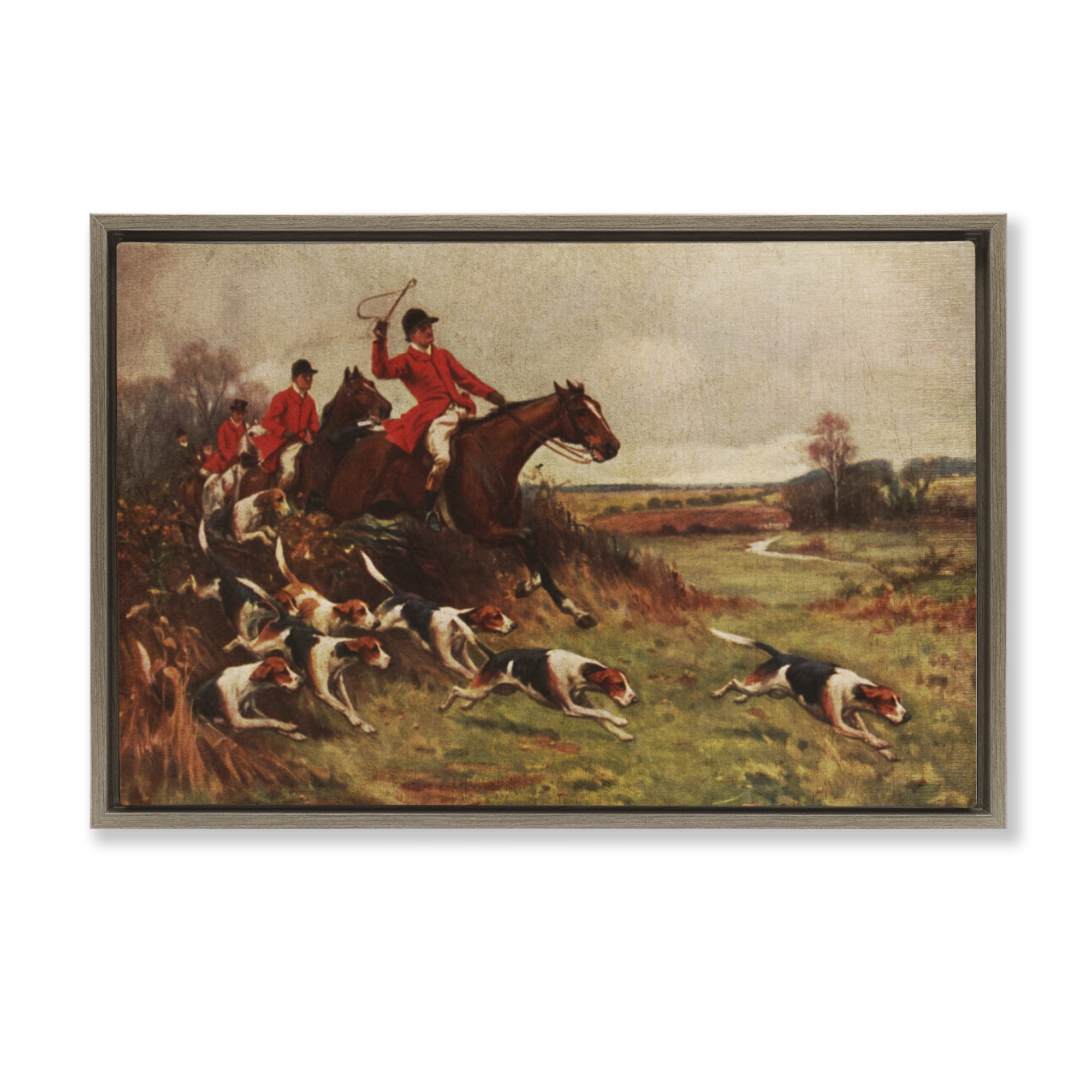 Stupell Industries Hunting Dogs in Countryside People Painting Brown Floater Framed Canvas Art Print Wall Art, 31 x 21