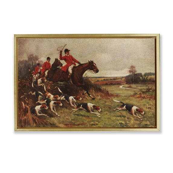 Stupell Industries Rustic Lodge Hunting Dogs in Countryside Gold Floating Frame Canvas Art, 25 x 17, by Tina Higgins Designs Inc.