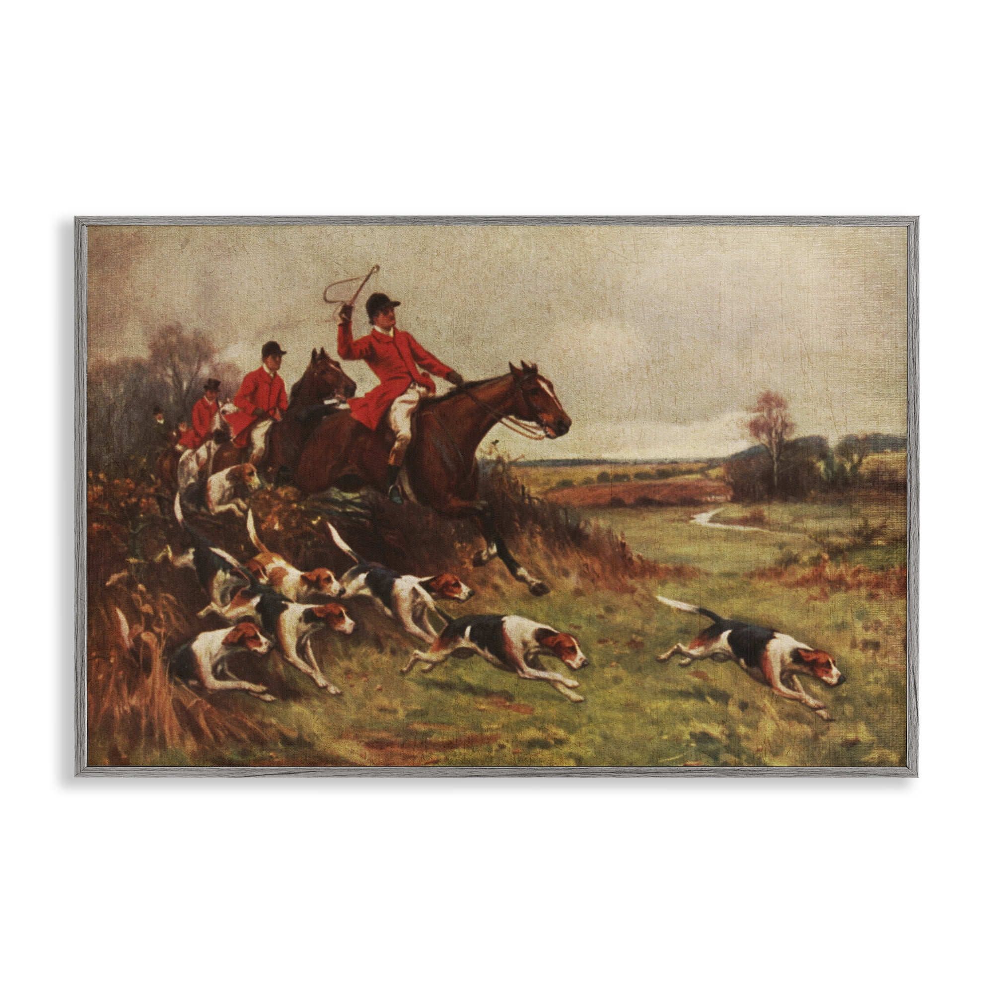 Stupell Industries Hunting Dogs in Countryside People Painting Gray Framed Art Print Wall Art, 24 x 16