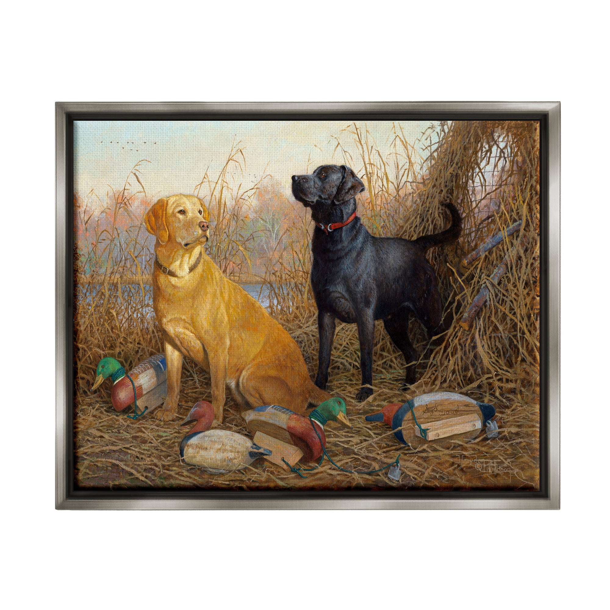 Stupell Industries Hunting Dogs with Decoys Animals & Insects Painting Gray Floater Framed Canvas Art Print Wall Art, 31 x 25