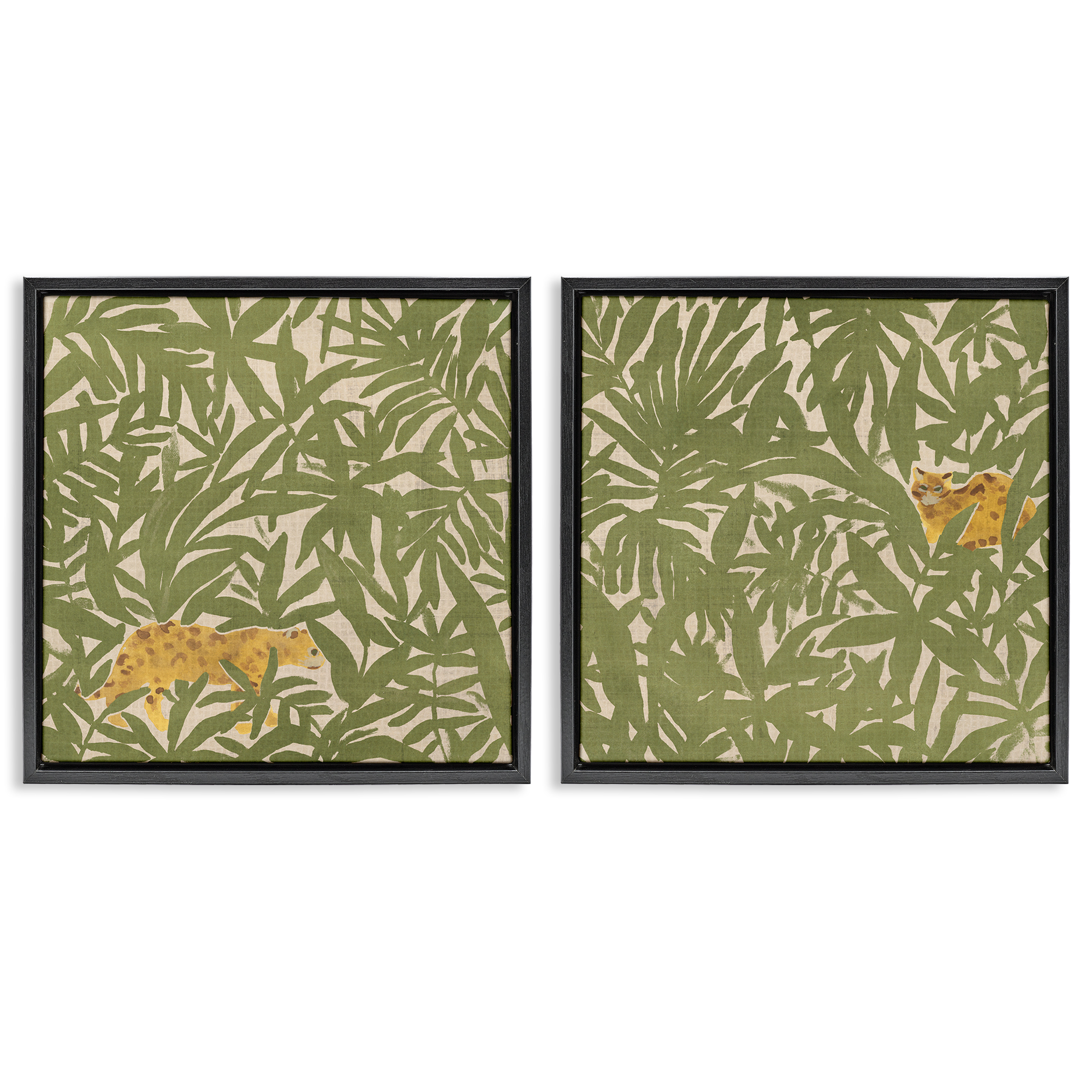 Stupell Industries Hunting Jungle Cat Plants & Flowers Painting Black Floater Framed Canvas Art Print Wall Art, 25 x 25, Set of 2