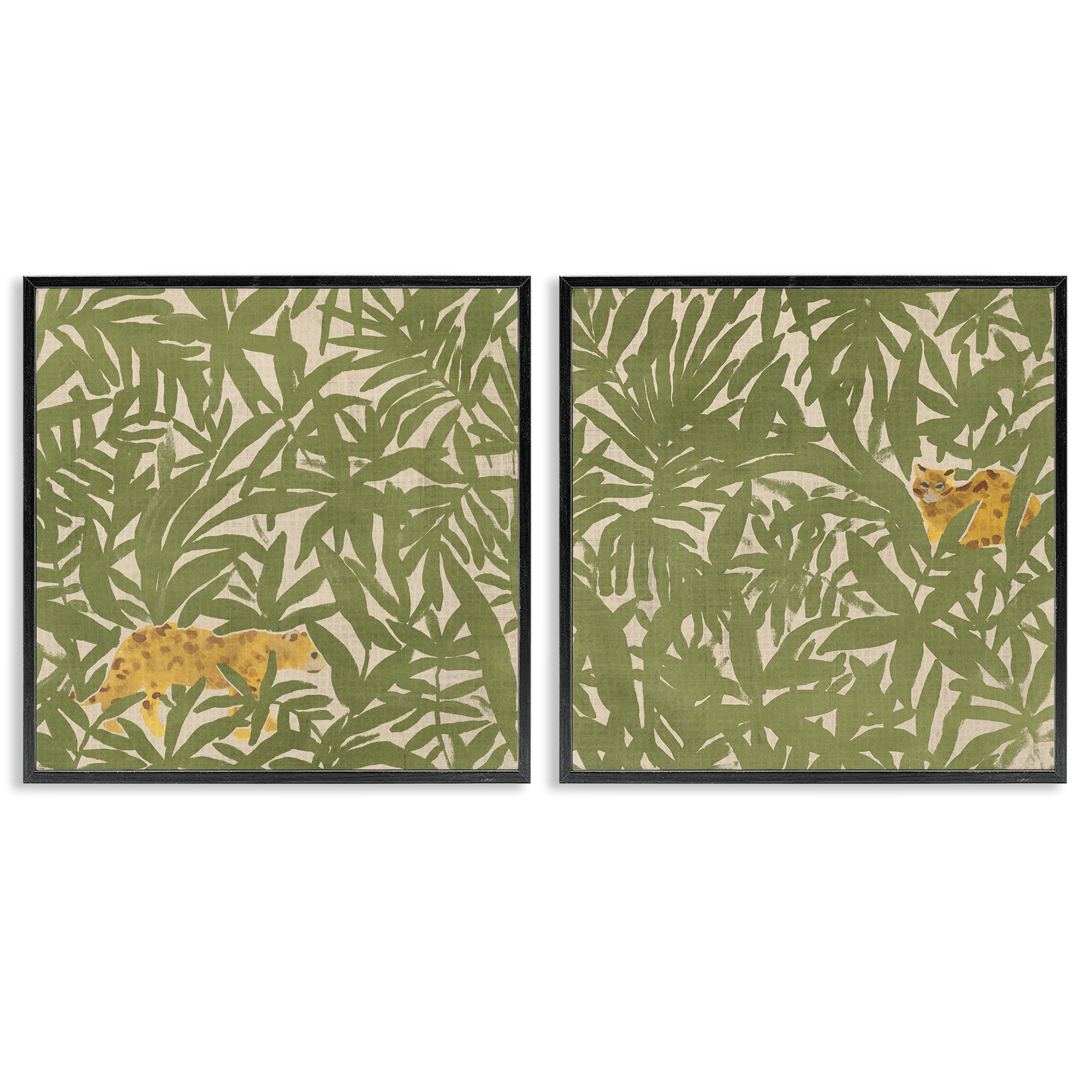 Stupell Industries Hunting Jungle Cat Plants & Flowers Painting Black Framed Art Print Wall Art, 17 x 17, Set of 2