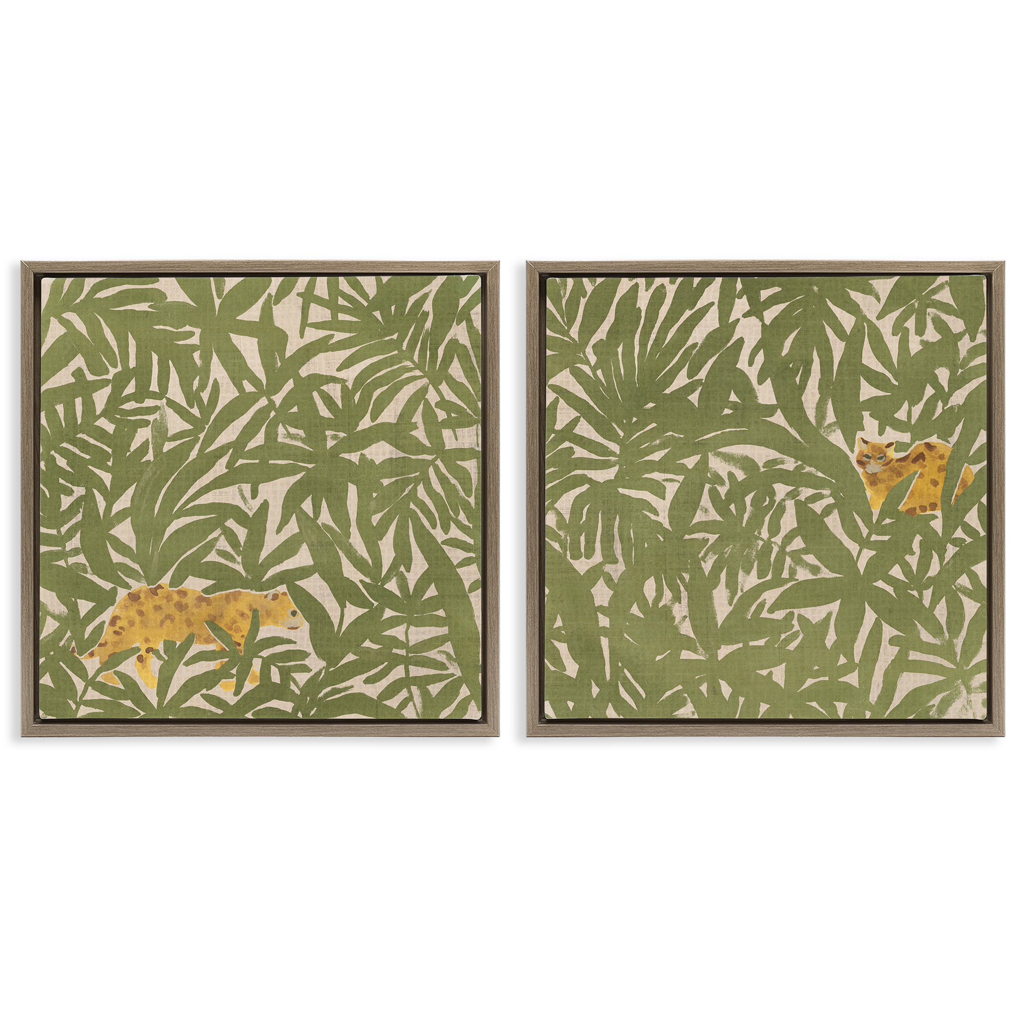 Stupell Industries Hunting Jungle Cat Plants & Flowers Painting Brown Floater Framed Canvas Art Print Wall Art, 18 x 18, Set of 2