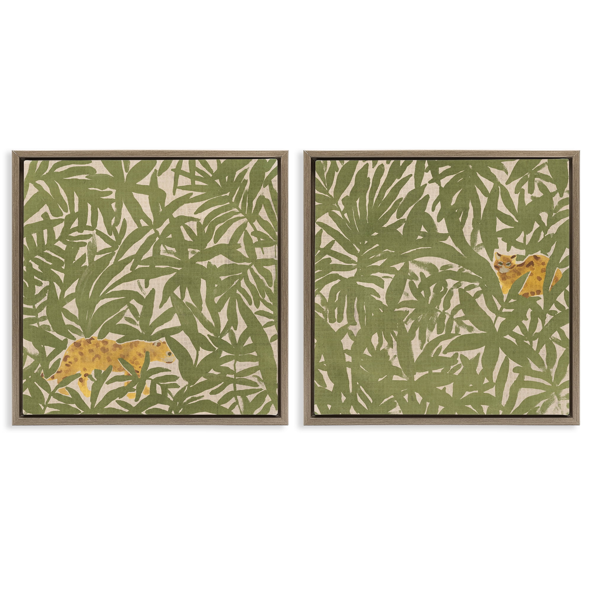 Stupell Industries Hunting Jungle Cat Plants & Flowers Painting Brown Floater Framed Canvas Art Print Wall Art, 25 x 25, Set of 2