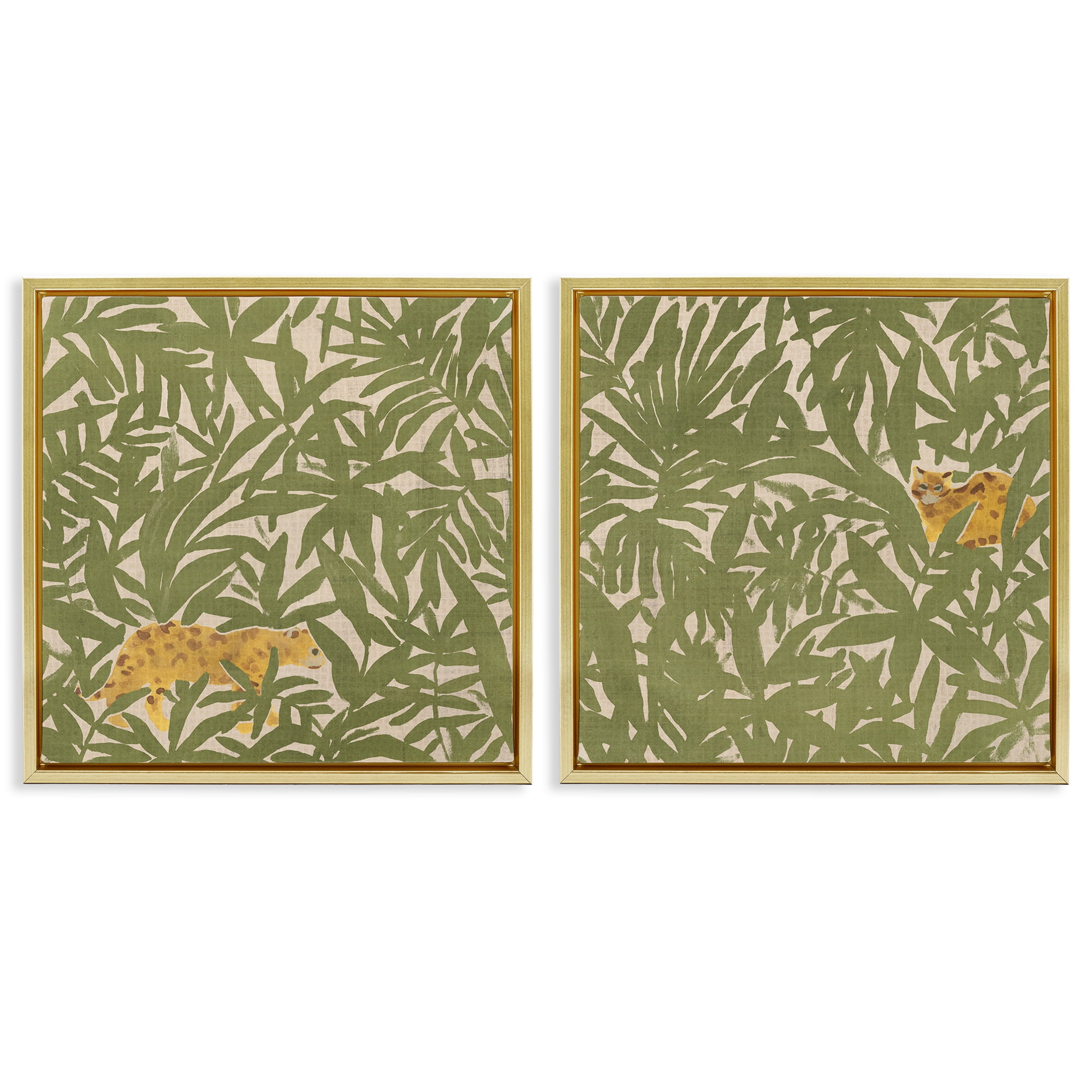 Stupell Industries Hunting Jungle Cat Plants & Flowers Painting Gold Floater Framed Canvas Art Print Wall Art, 25 x 25, Set of 2