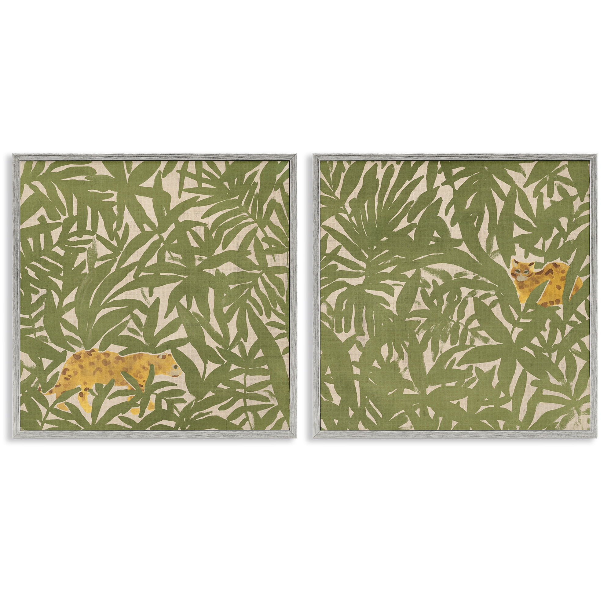 Stupell Industries Hunting Jungle Cat Plants & Flowers Painting Gray Framed Art Print Wall Art, 12 x 12, Set of 2