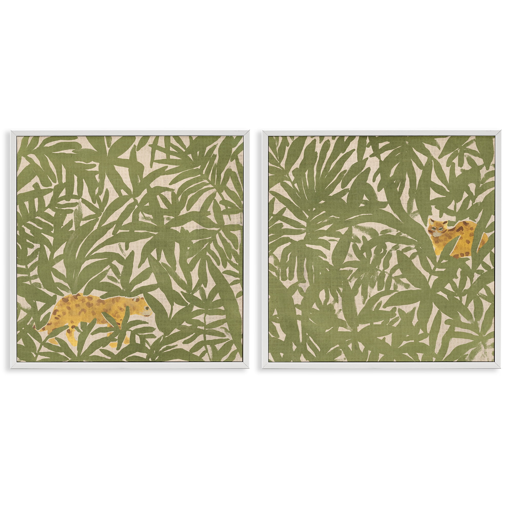 Stupell Industries Hunting Jungle Cat Plants & Flowers Painting White Framed Art Print Wall Art, 17 x 17, Set of 2