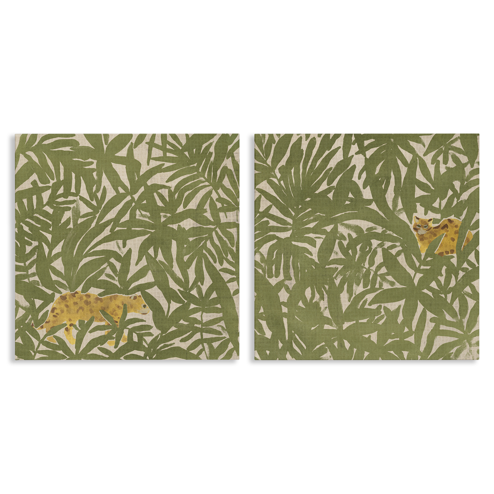 Stupell Industries Hunting Jungle Cat Plants & Flowers Painting Wrapped Canvas Art Print Wall Art, 17 x 17, Set of 2