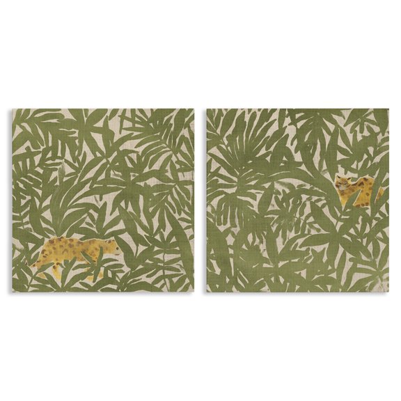 Stupell Industries Hunting Jungle Cat Plants & Flowers Painting Wrapped Canvas Art Print Wall Art, 17 x 17, Set of 2