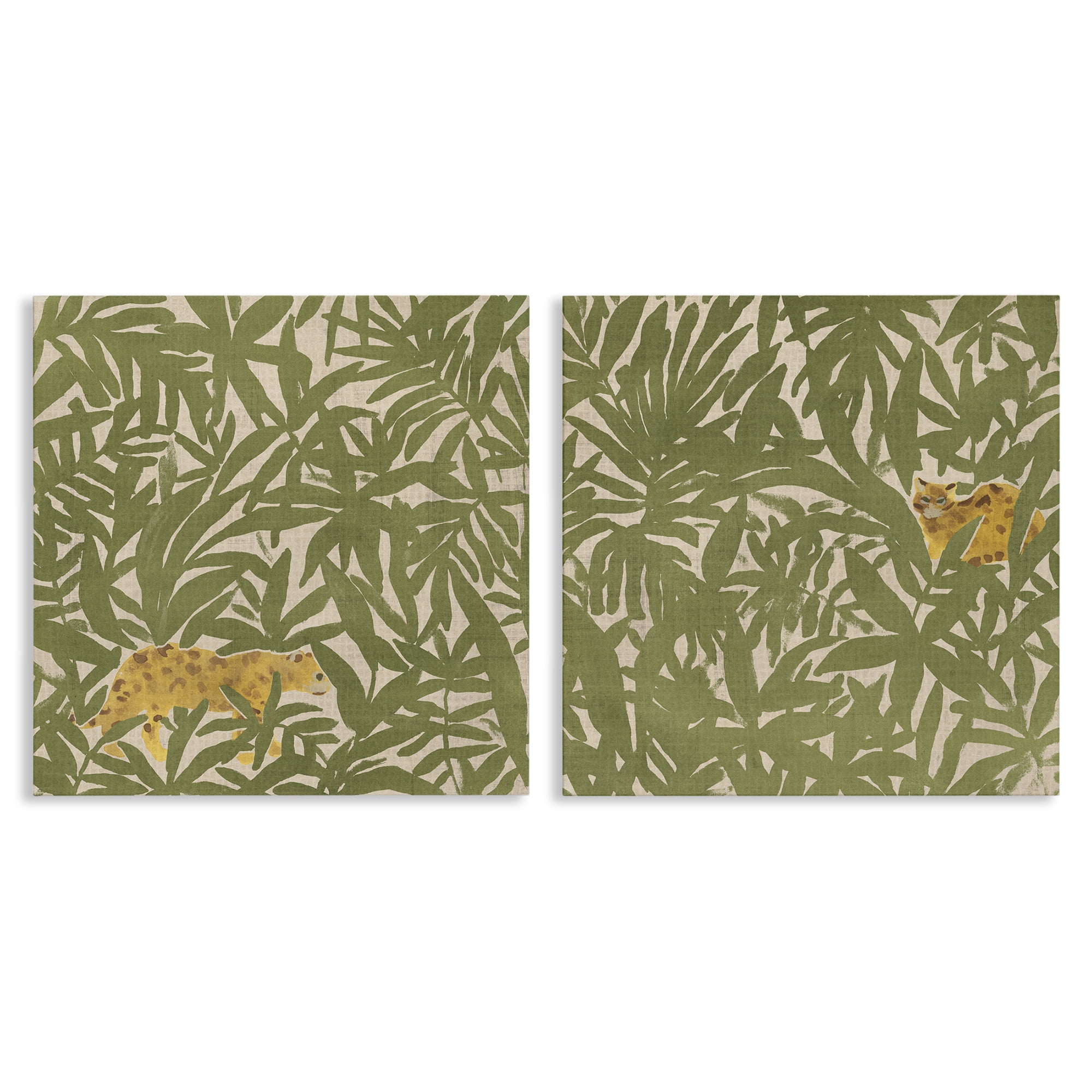 Stupell Industries Hunting Jungle Cat Plants & Flowers Painting Wrapped Canvas Art Print Wall Art, 24 x 24, Set of 2