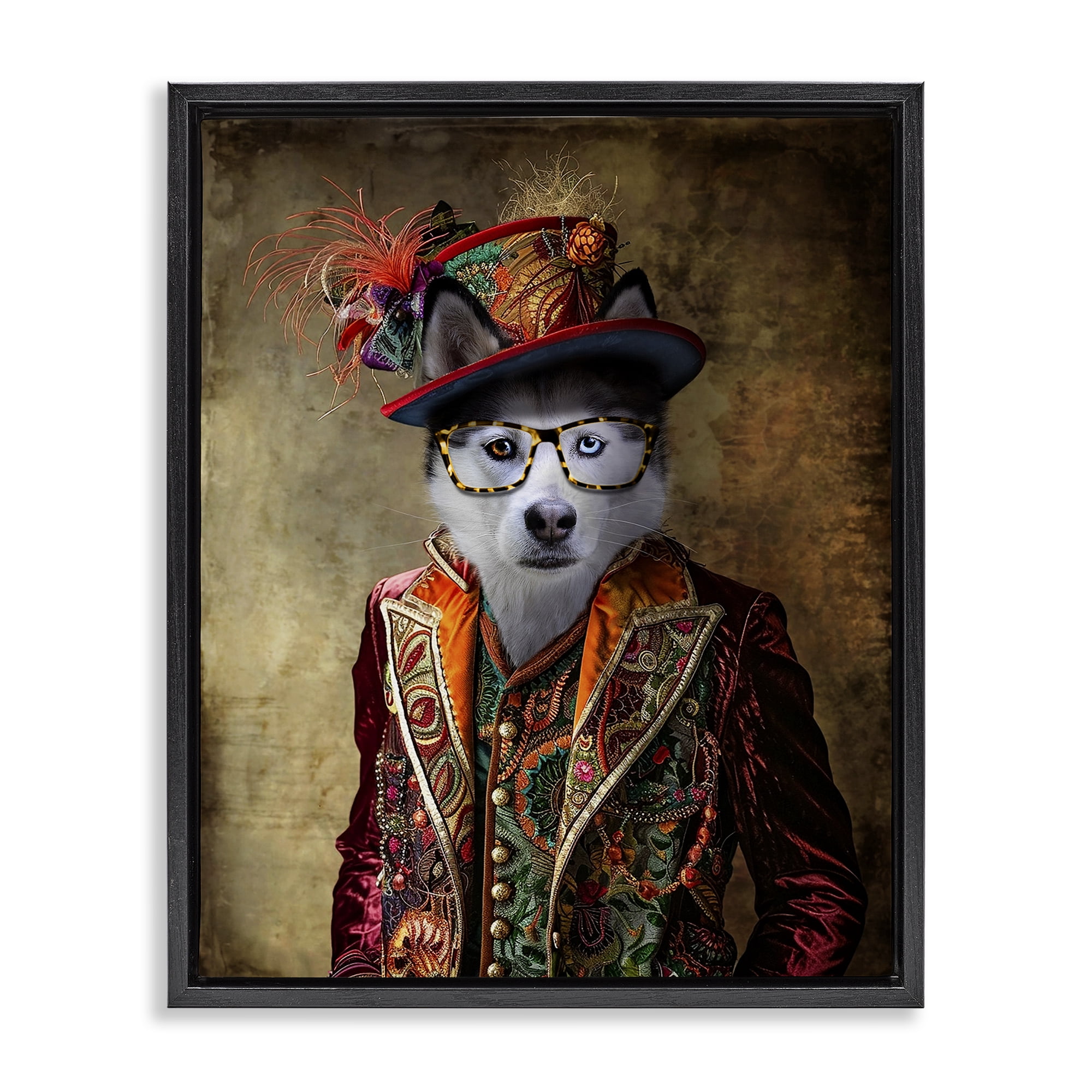 Stupell Industries Husky Dog Eclectic Suit Animals & Insects Painting Black Floater Framed Canvas Art Print Wall Art, 17 x 21